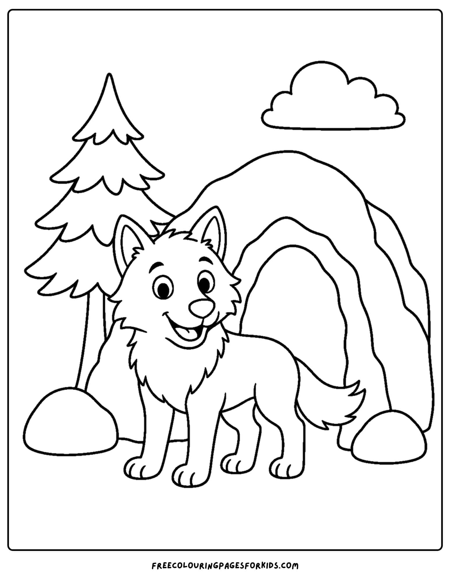 a coloring page of a wolf at the entrance of a cave