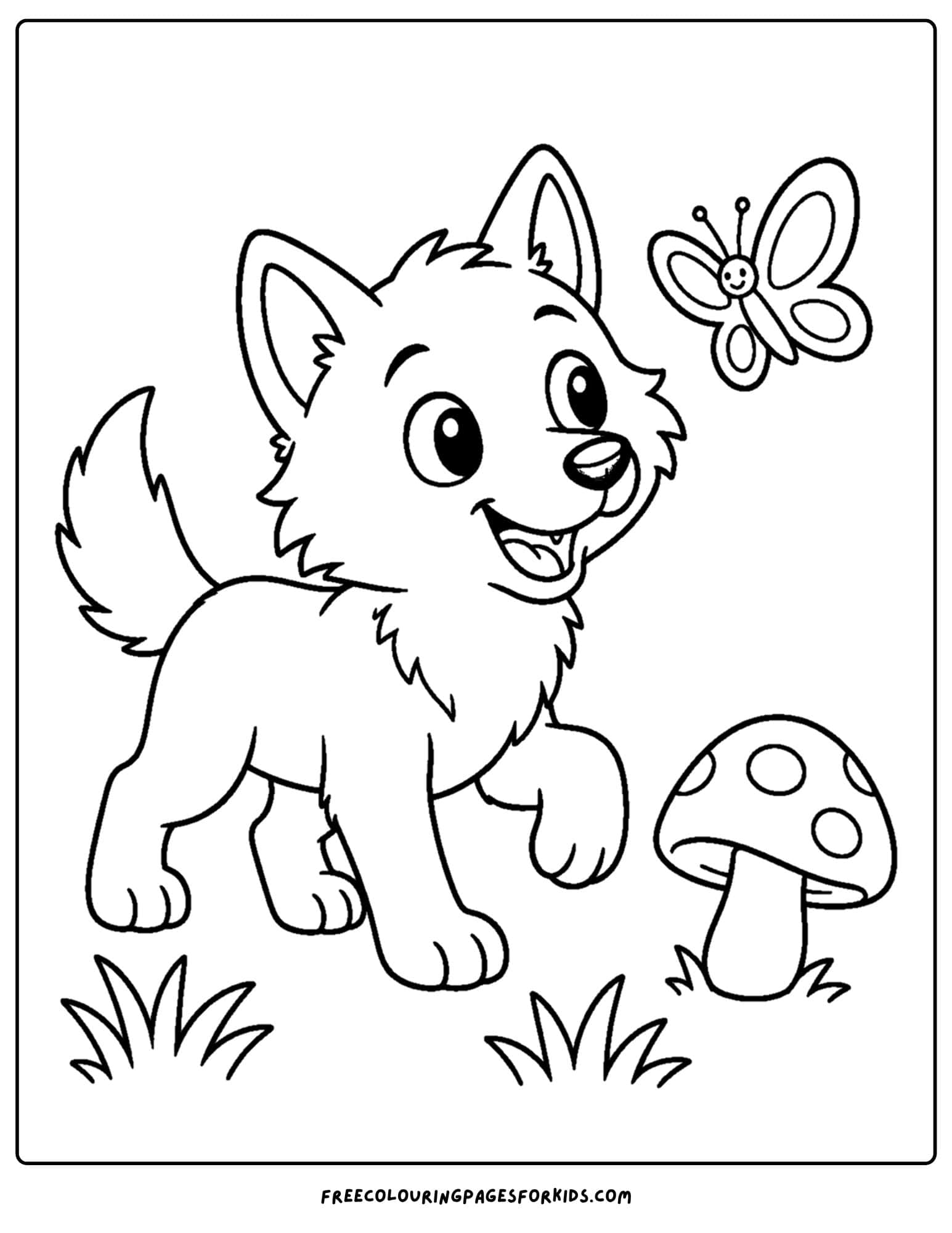 a coloring page of a wolf cub chasing a butterfly