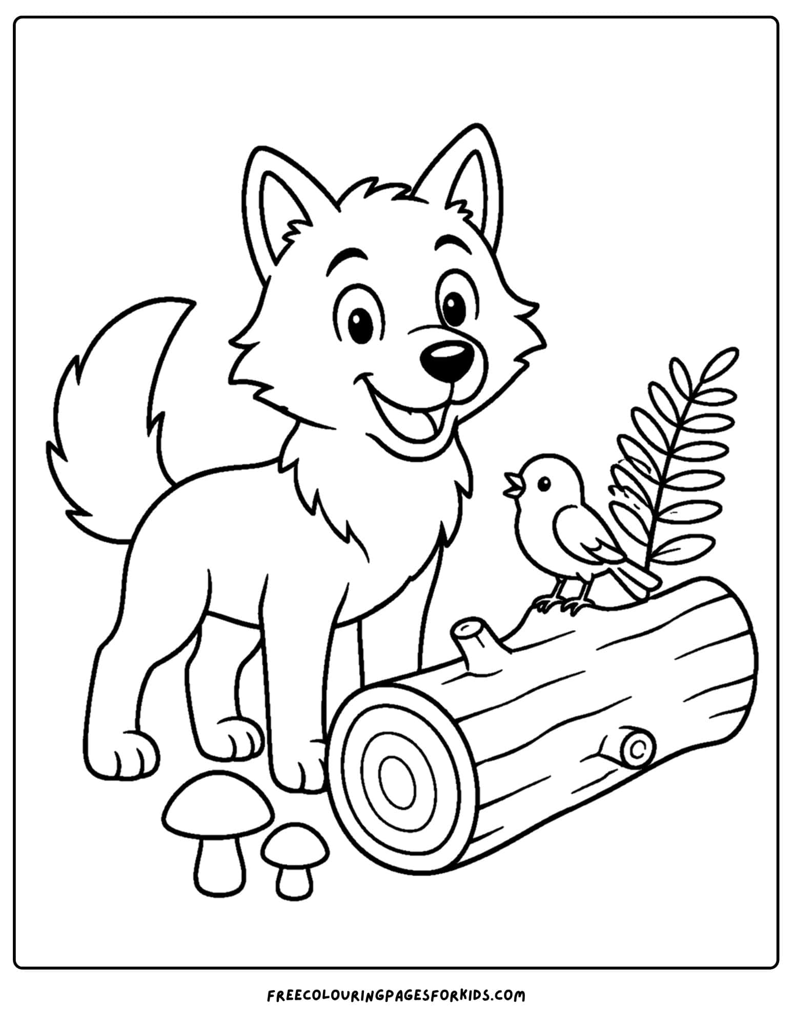 a coloring page of a wolf beside a fallen log