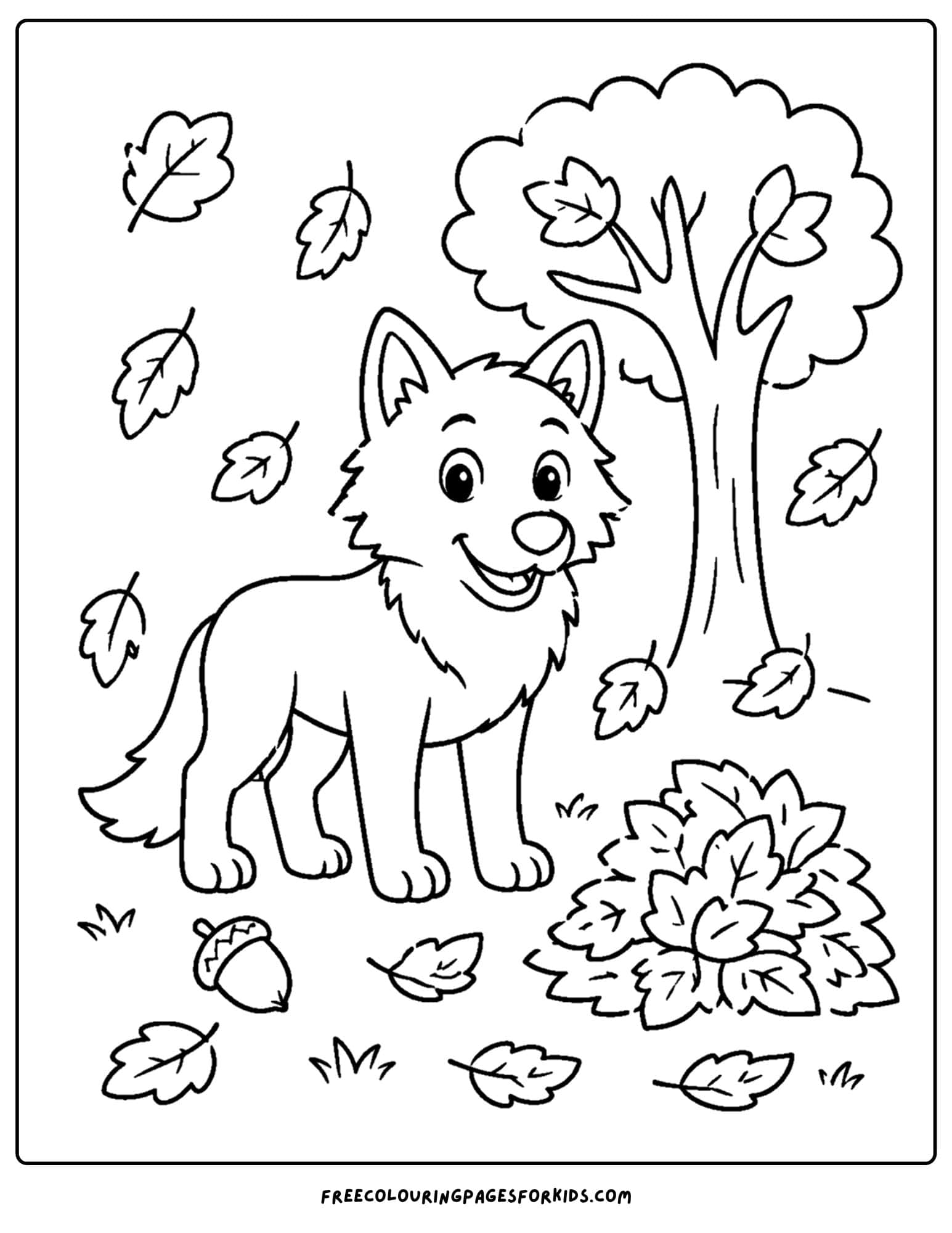 a coloring page of a wolf beside a tree with falling leaves