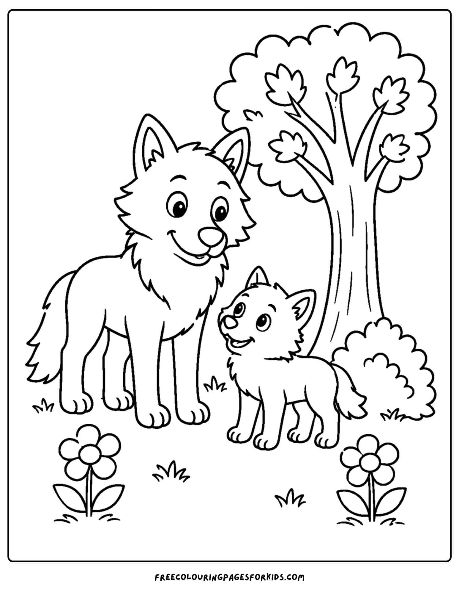 a coloring page of a wolf mom and cub under a tree