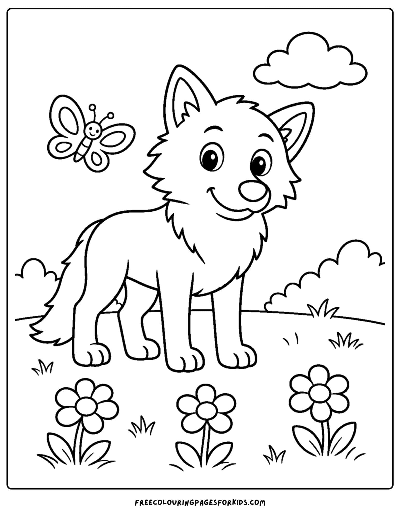 a coloring page of a wolf in a flower meadow