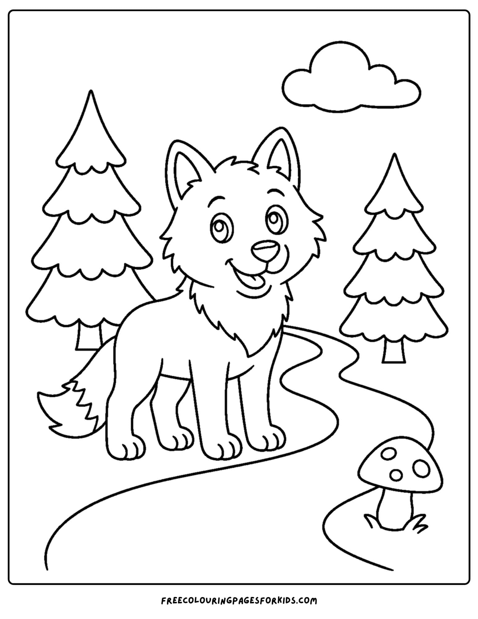 a coloring page of a wolf walking a forest path