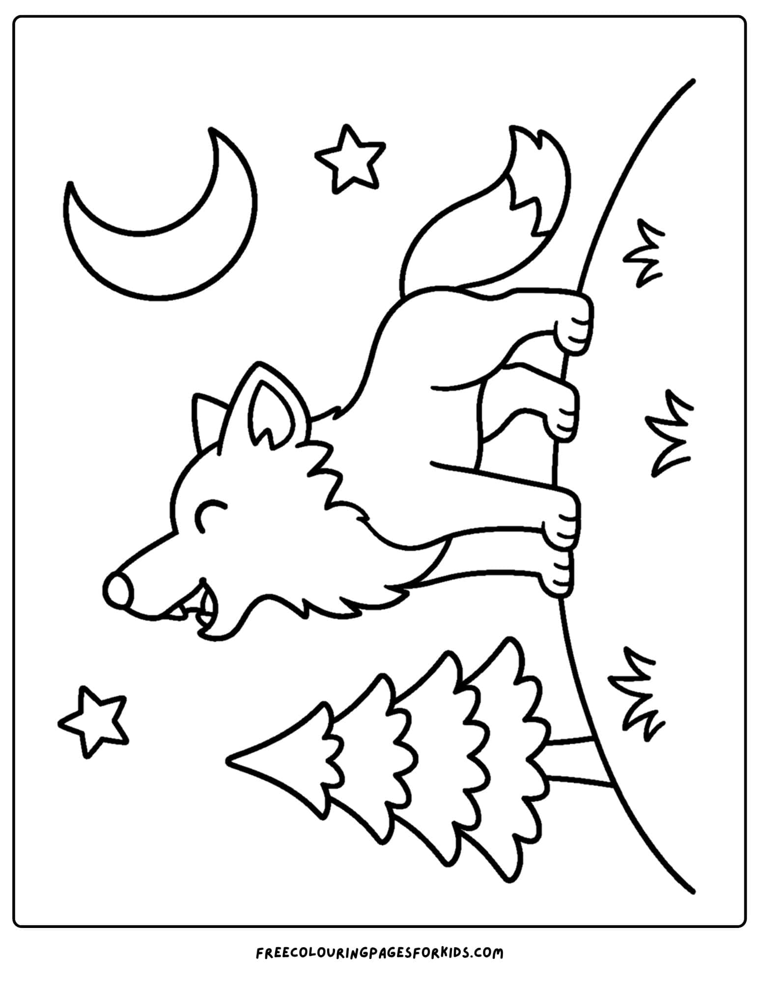a coloring page of a wolf howling at the moon