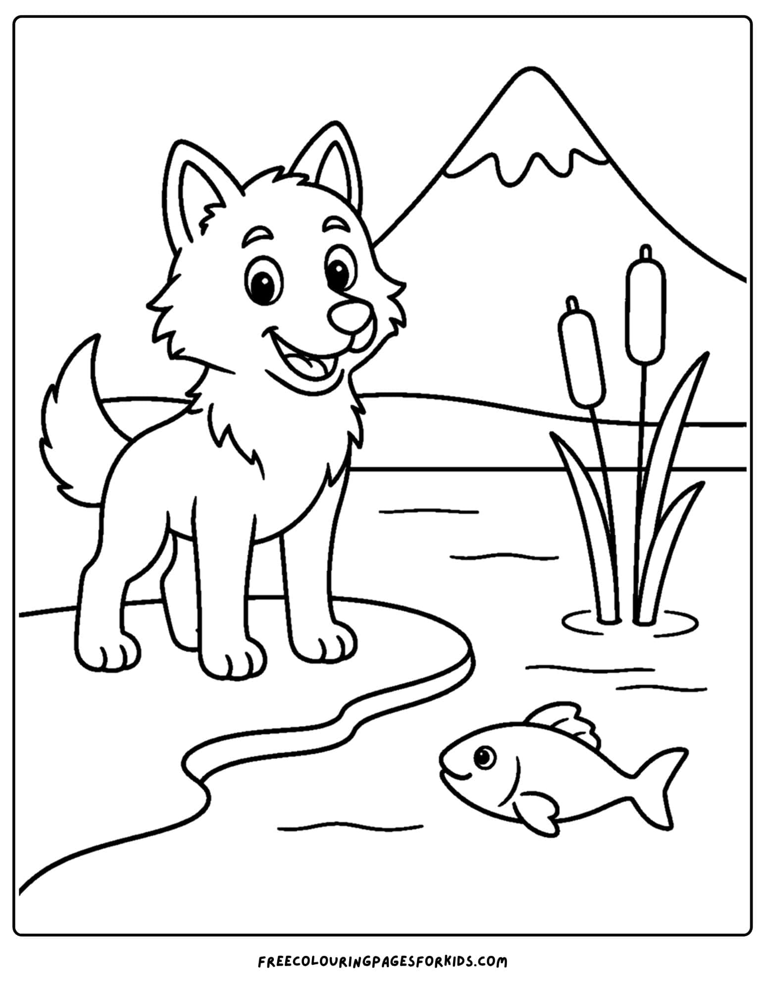 a coloring page of a wolf beside a mountain lake