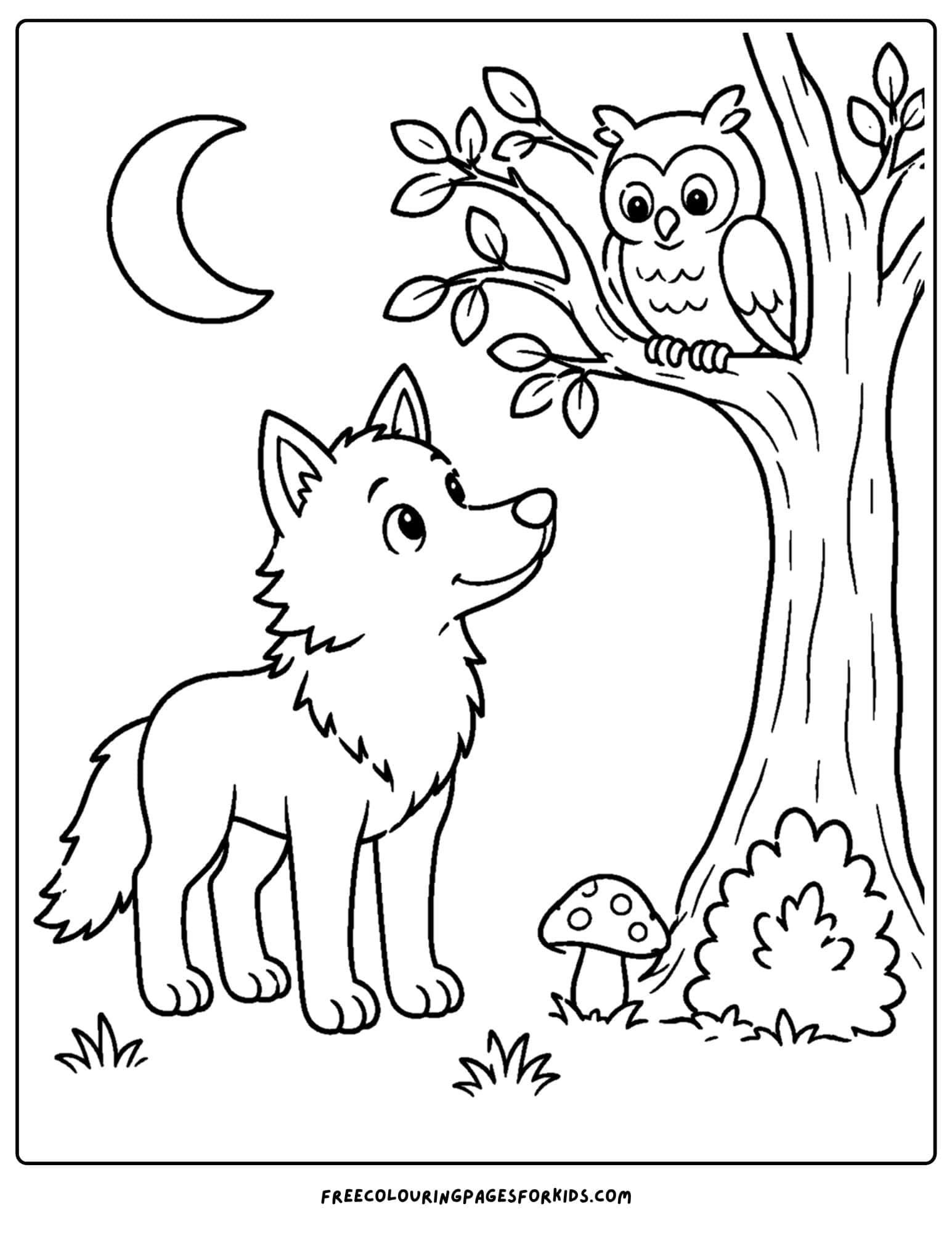 a coloring page of a wolf looking up at an owl in a tree