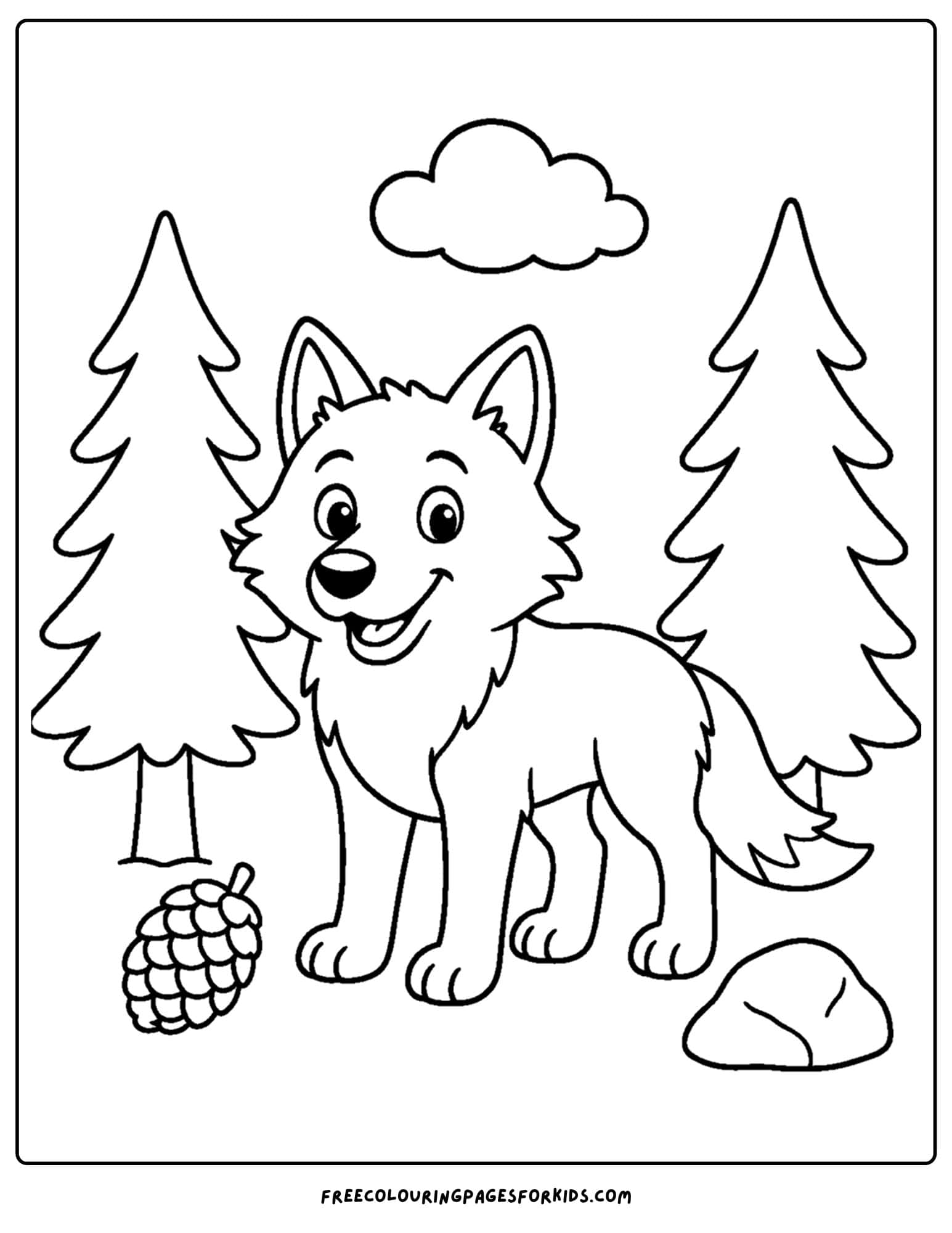 a coloring page of a wolf in a pine forest