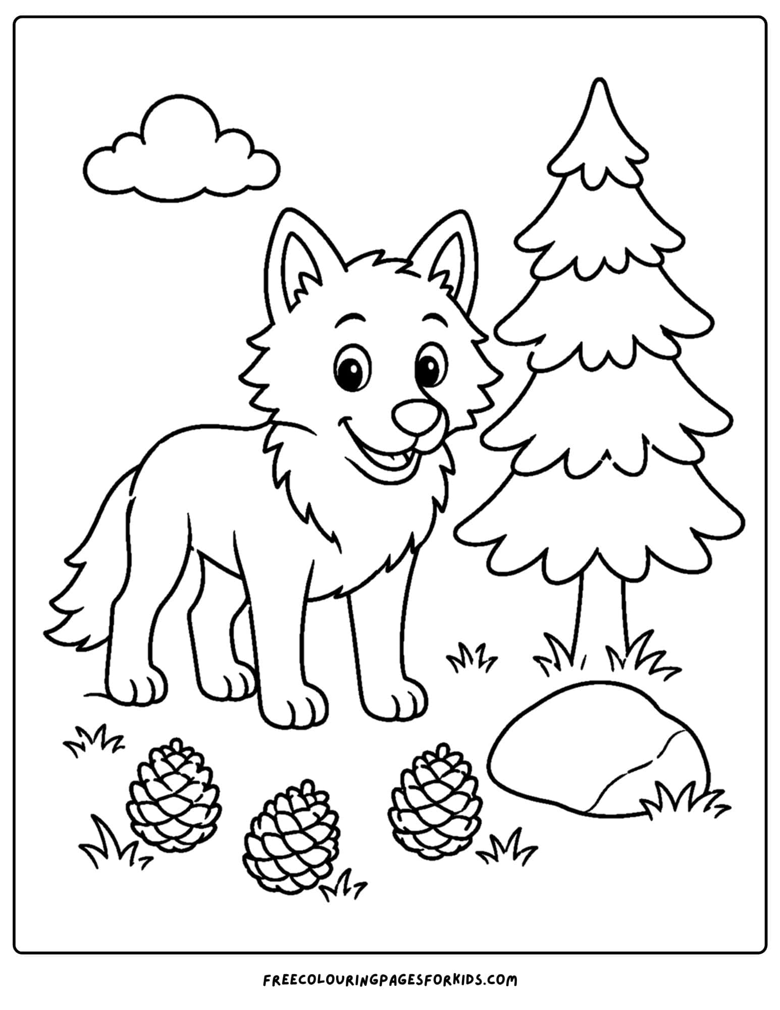a coloring page of a wolf beside a pine tree and pinecones
