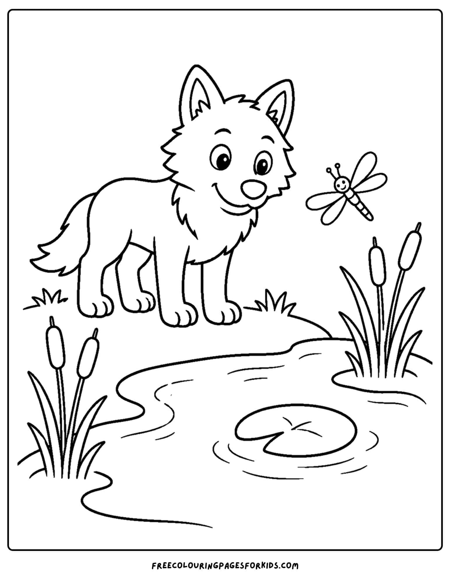a coloring page of a wolf beside a pond