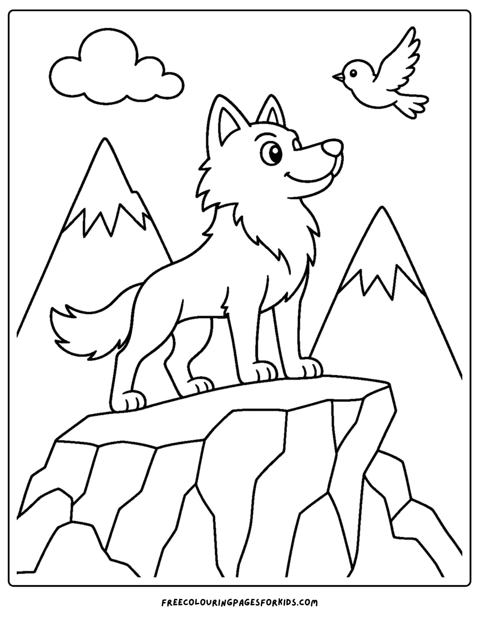 a coloring page of a wolf standing on a rock edge