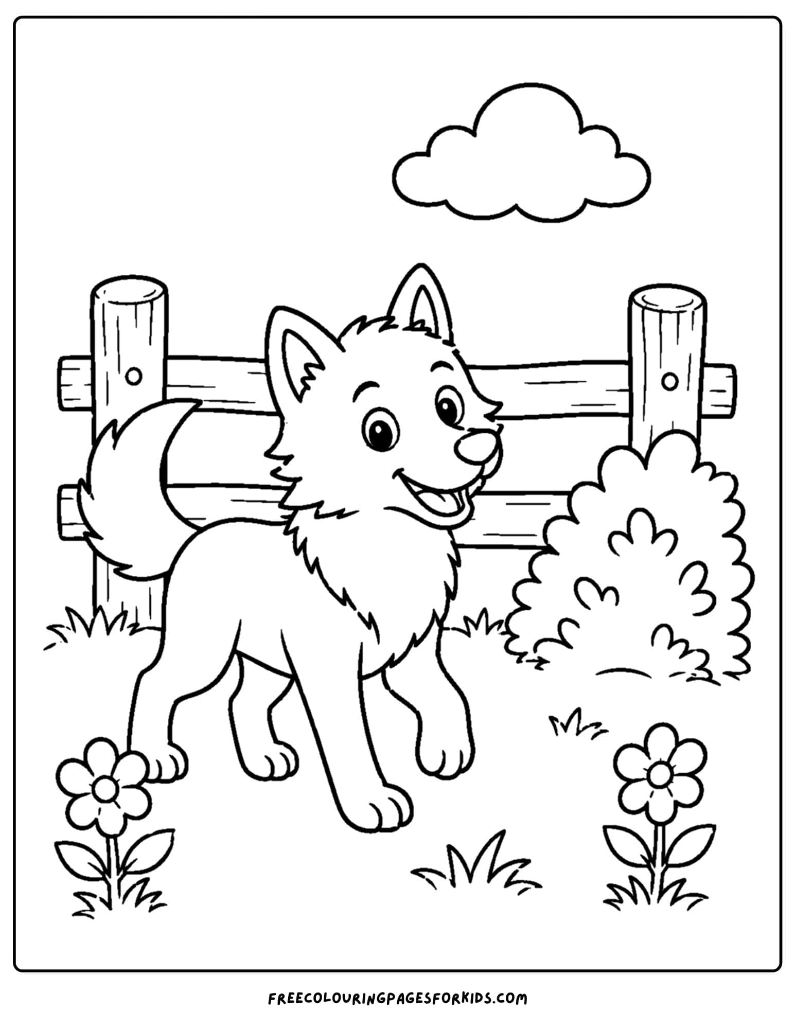 a coloring page of a wolf standing in front of a wooden fence