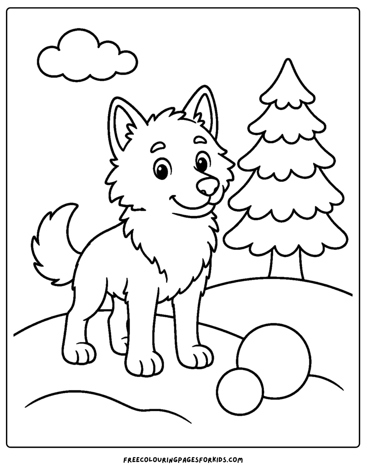 a coloring page of a wolf standing on a snowy hill