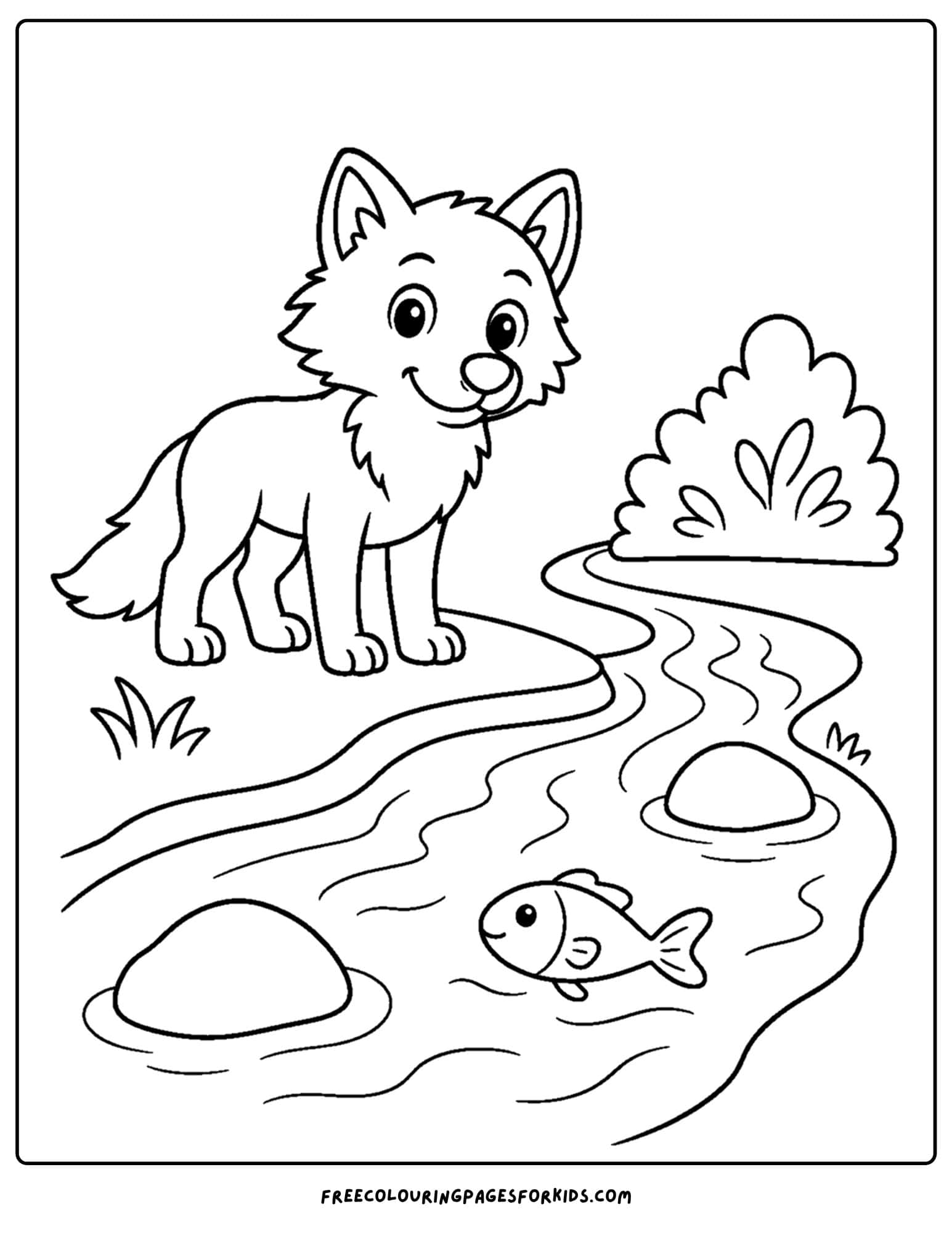 a coloring page of a wolf standing beside a stream