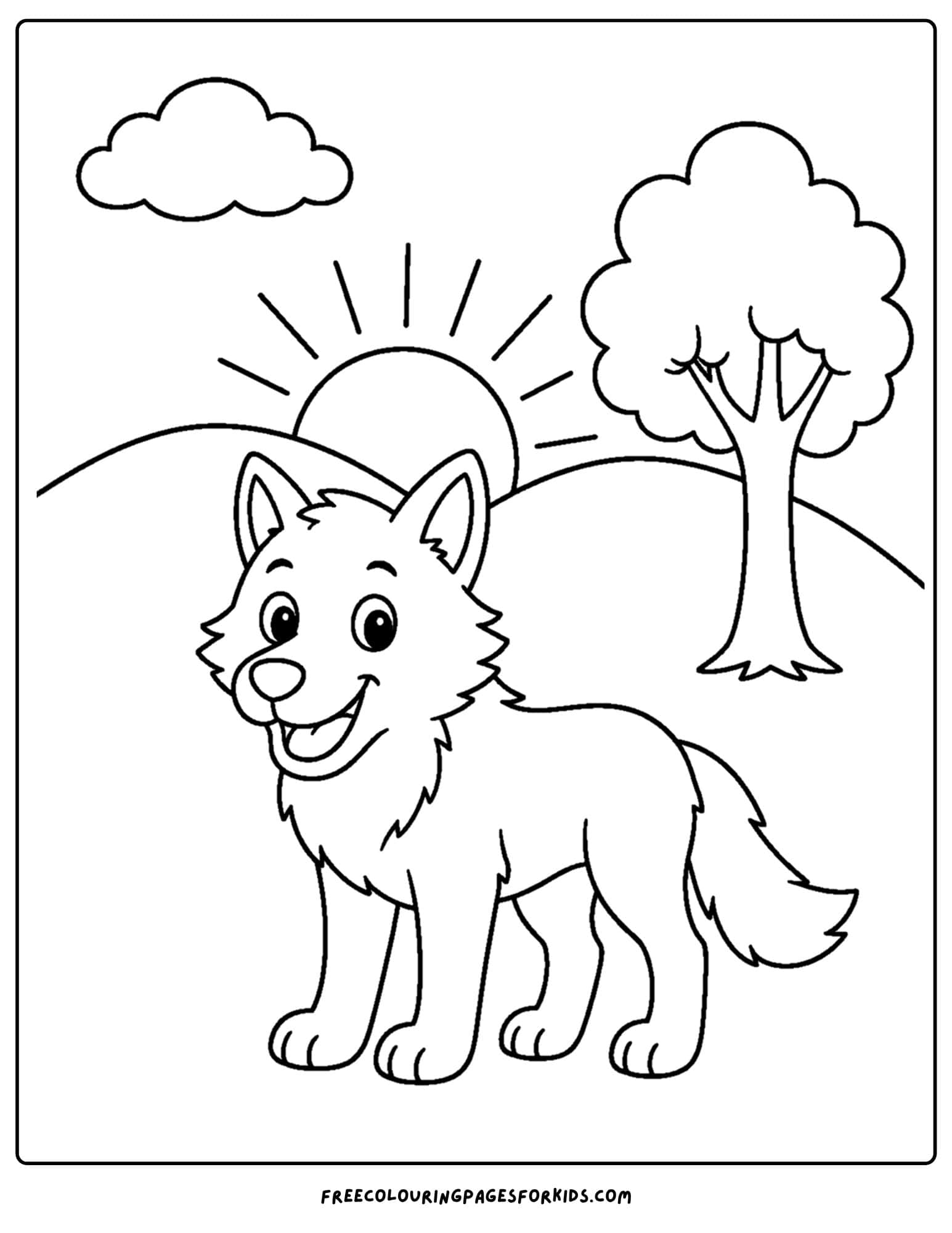 a coloring page of a wolf at sunrise