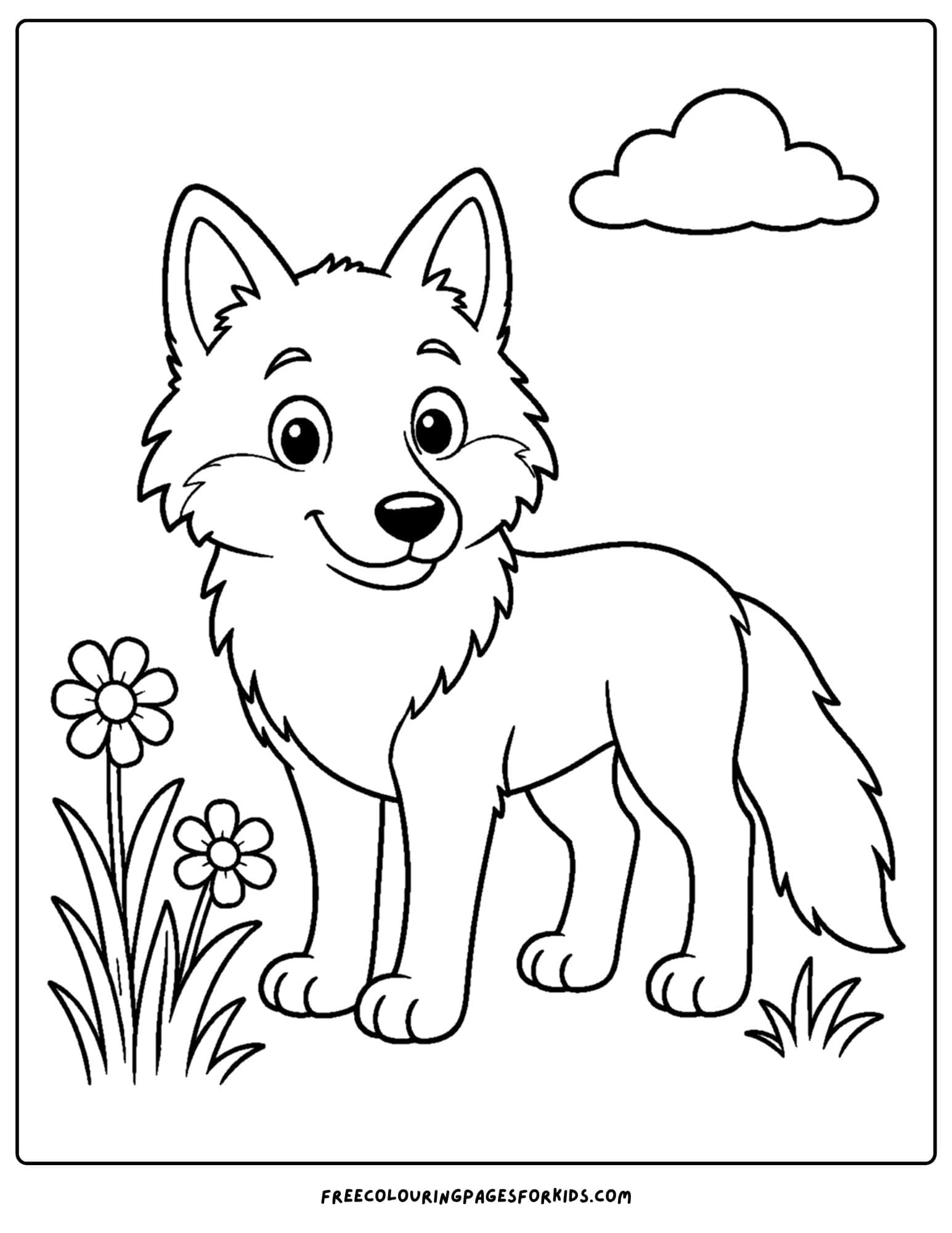 a coloring page of a wolf standing beside some flowers