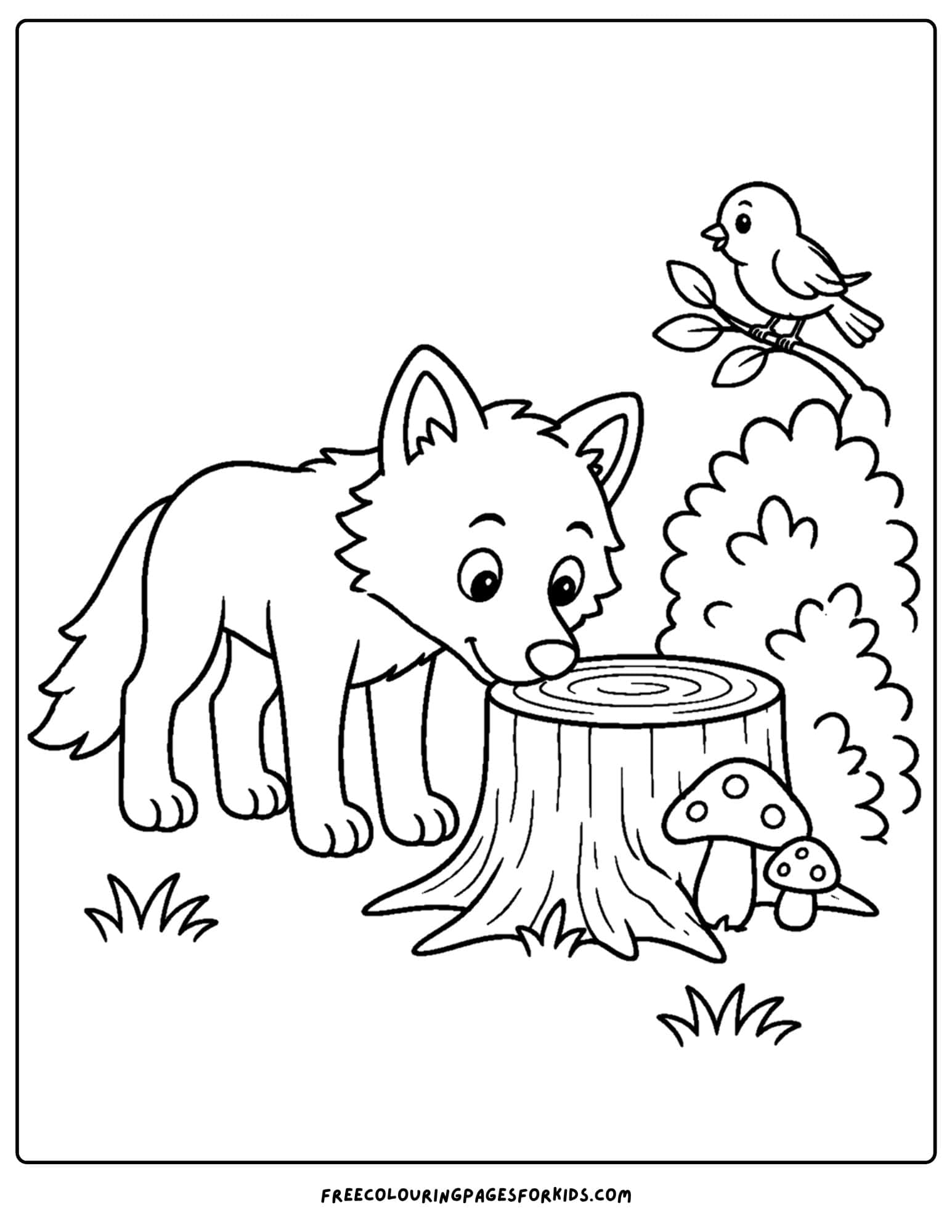 a coloring page of a wolf sniffy by a tree stump