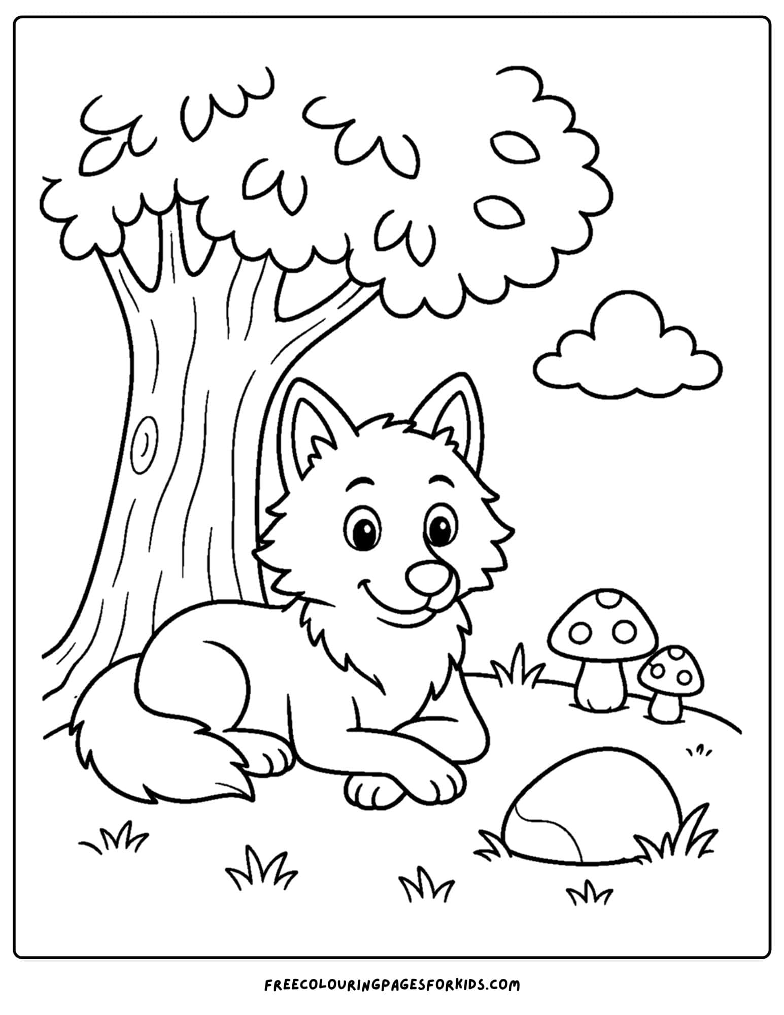 a coloring page of a wolf sitting under a tree