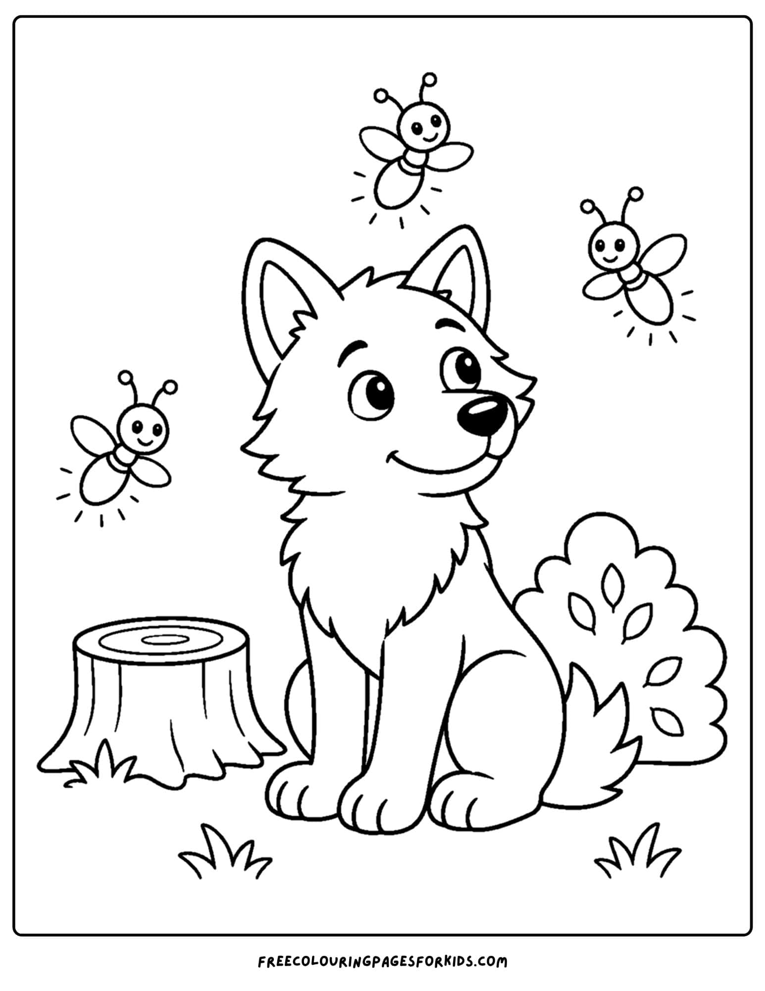 a coloring page of a wolf watching fireflies