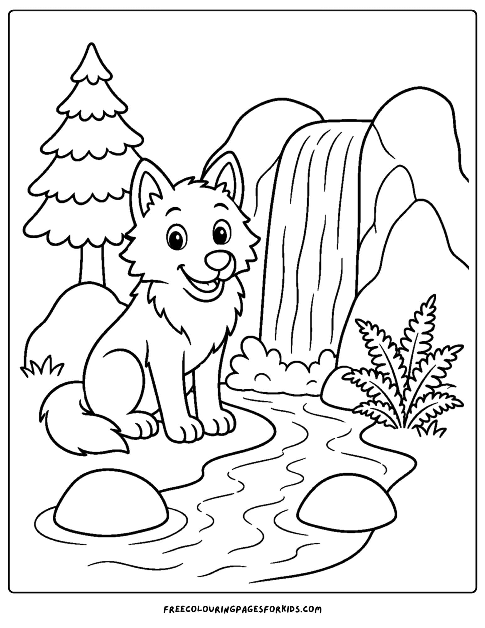 a coloring page of a wolf sitting beside a waterfall and stream
