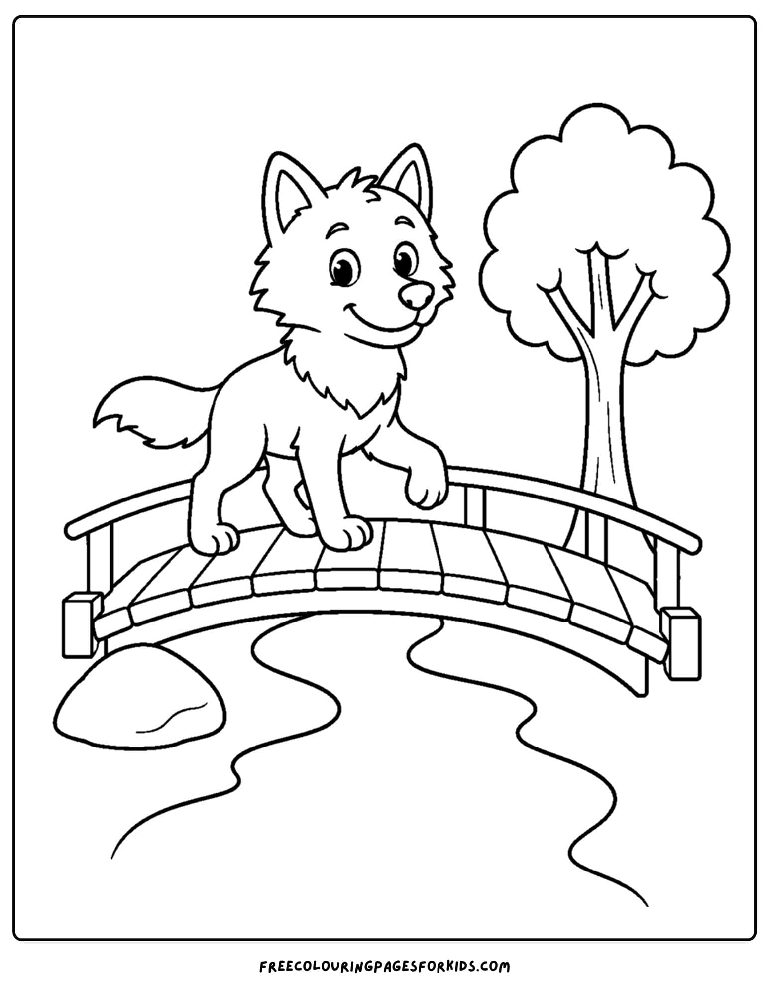 a coloring page of a wolf crossing a bridge