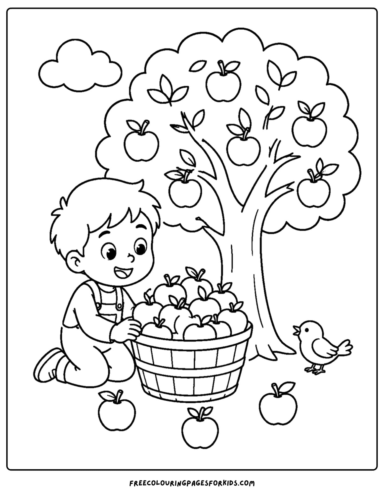an apple picking coloring page showing a chid filling a basket of apples under a tree