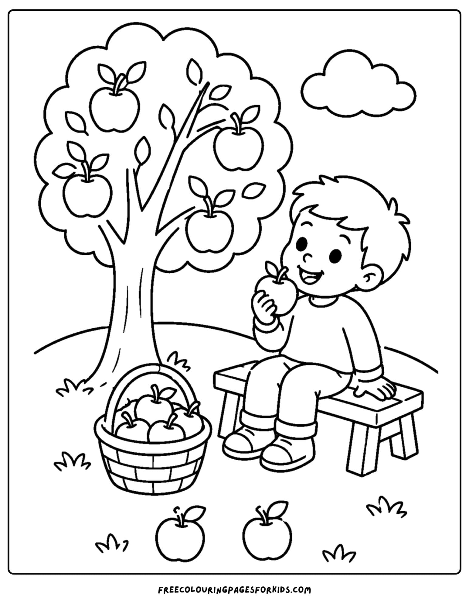 an apple picking coloring page showing a child taking a break eating an apple under a tree