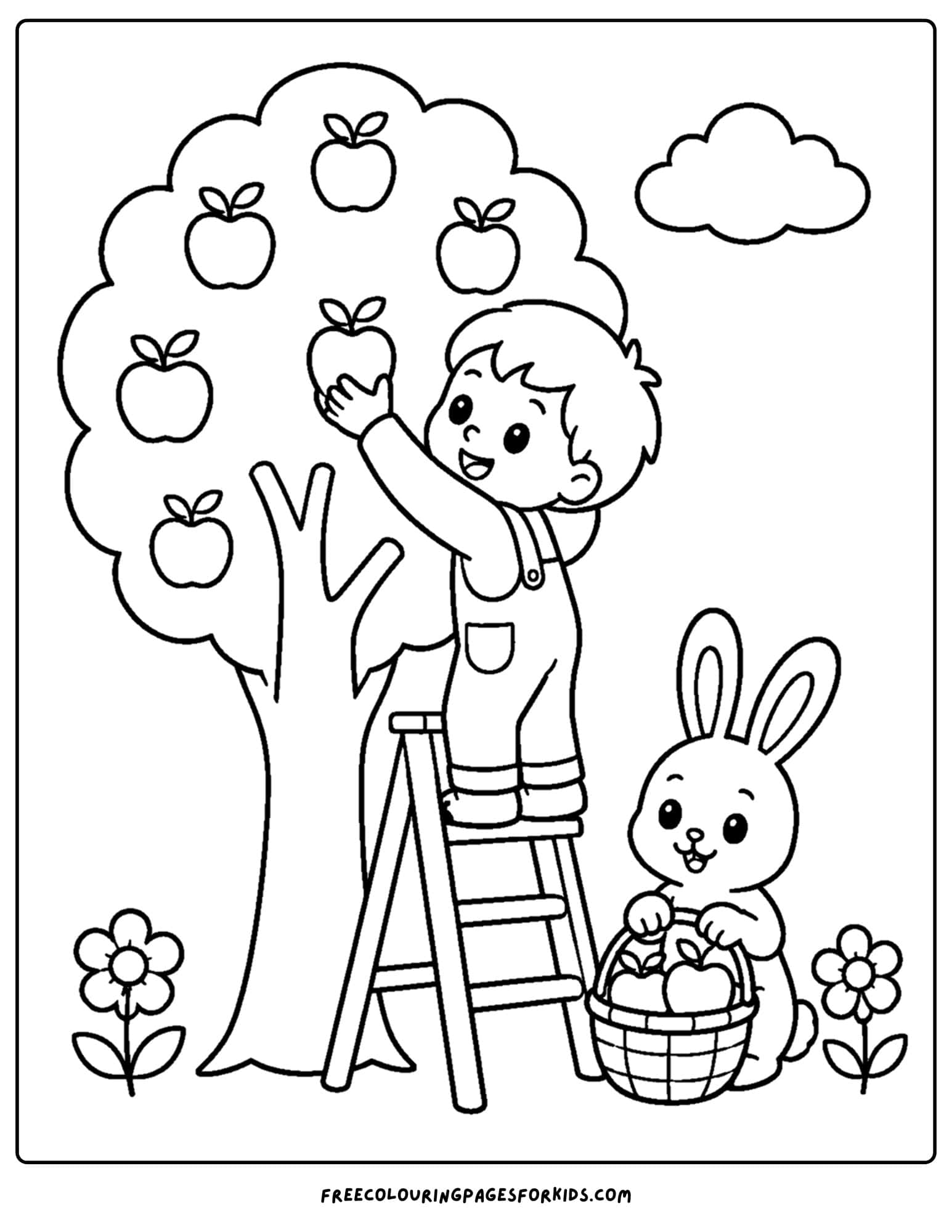 an apple picking coloring page showing a child and a bunny picking apples