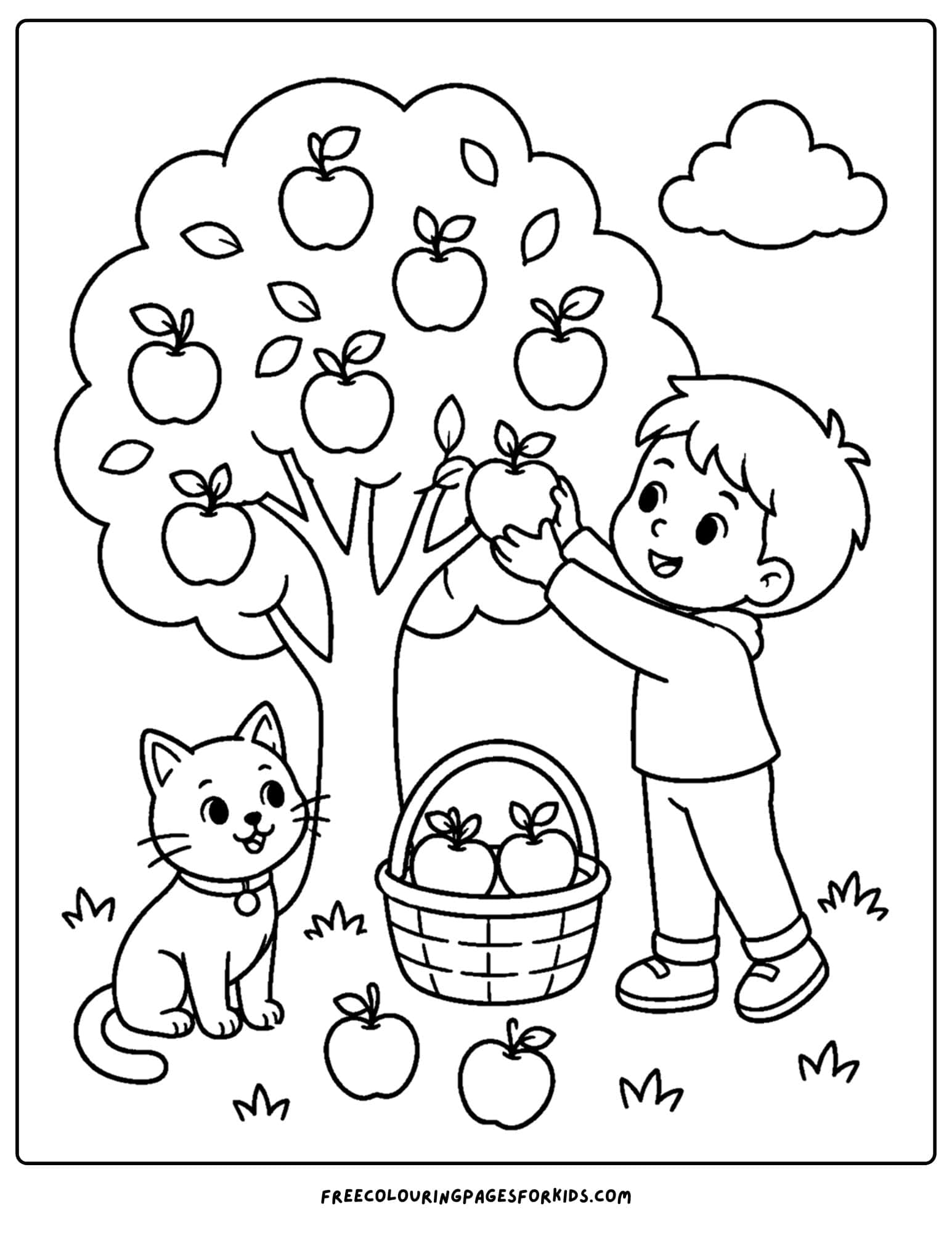 an apple picking coloring page showing a child and a cat picking apples together