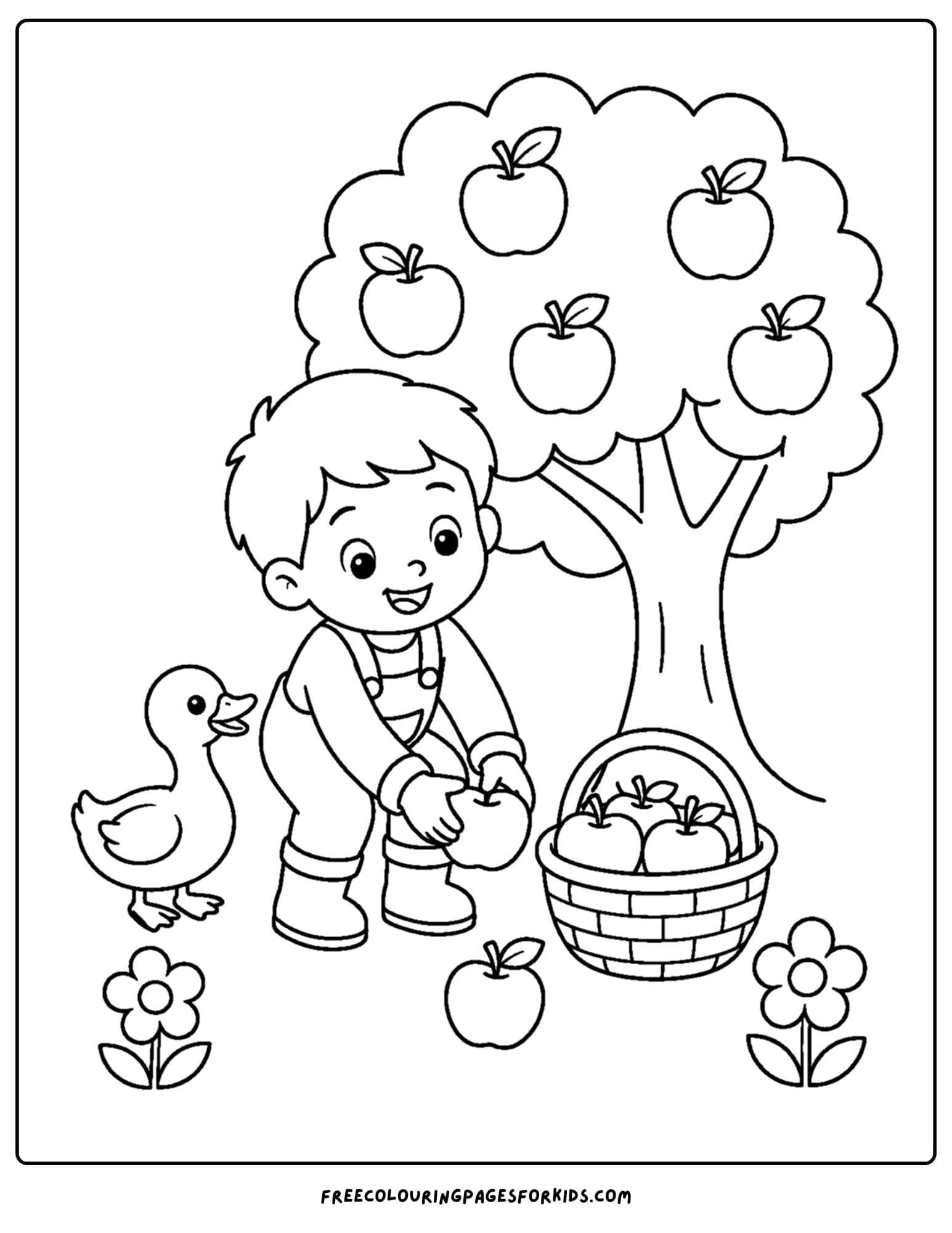 an apple picking coloring page showing a child picking apples and a duck nearby
