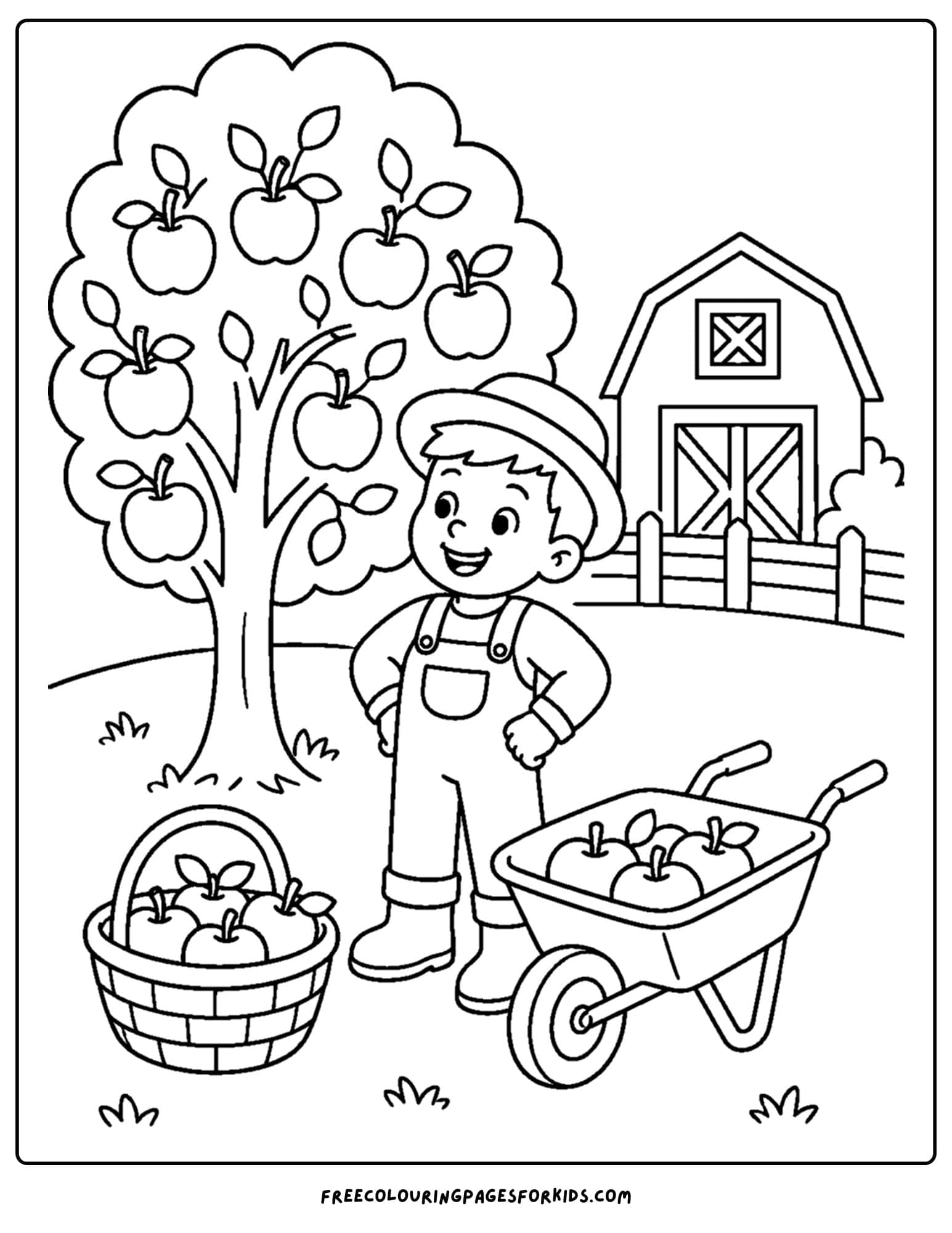an apple picking coloring page showing a farmer admiring an apple tree on his farm