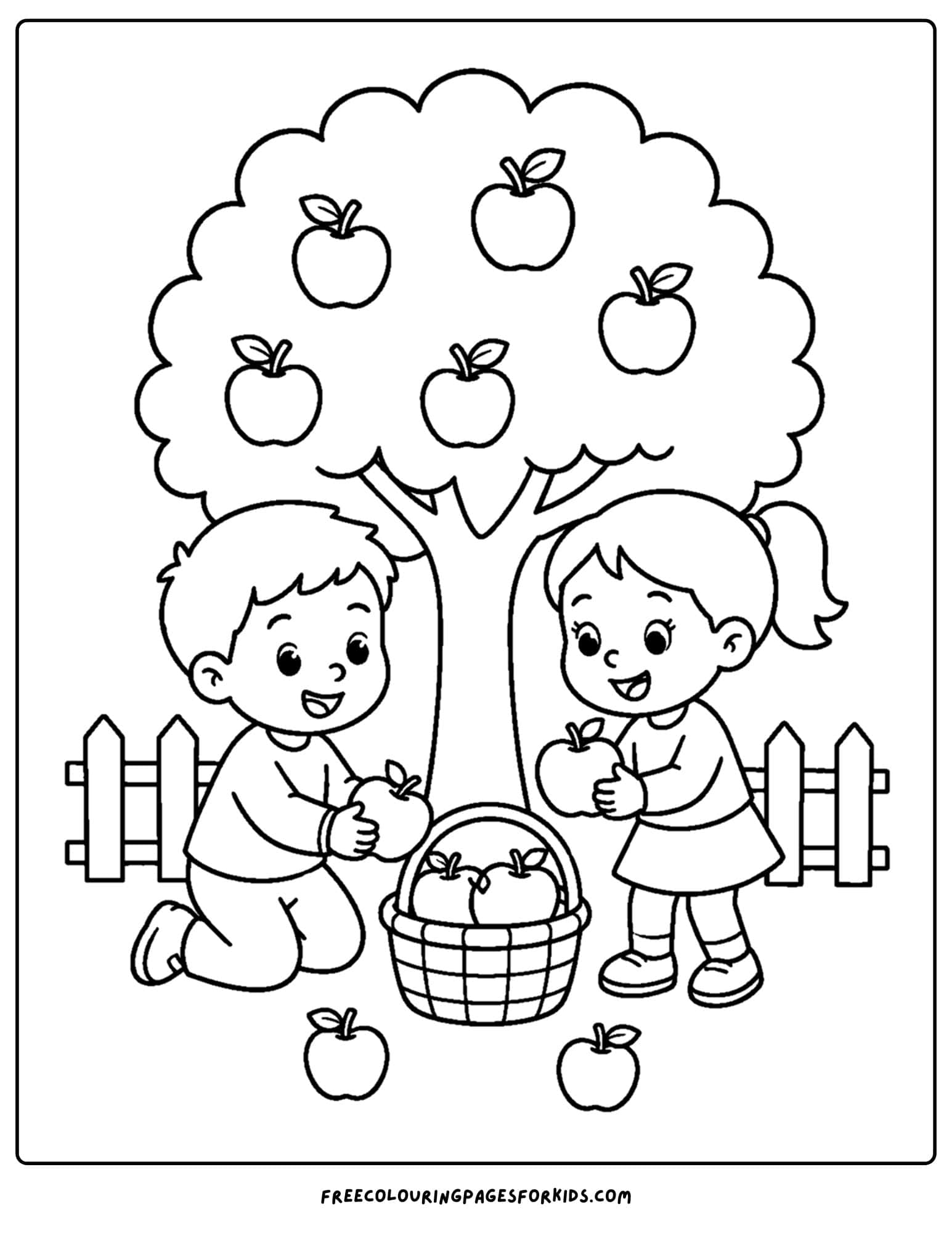 an apple picking coloring page showing children picking apples together