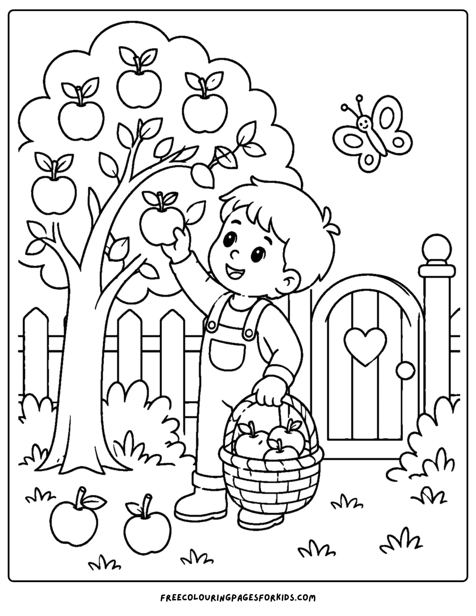 an apple picking coloring page showing a child picking apples from the tree down by the garden gate
