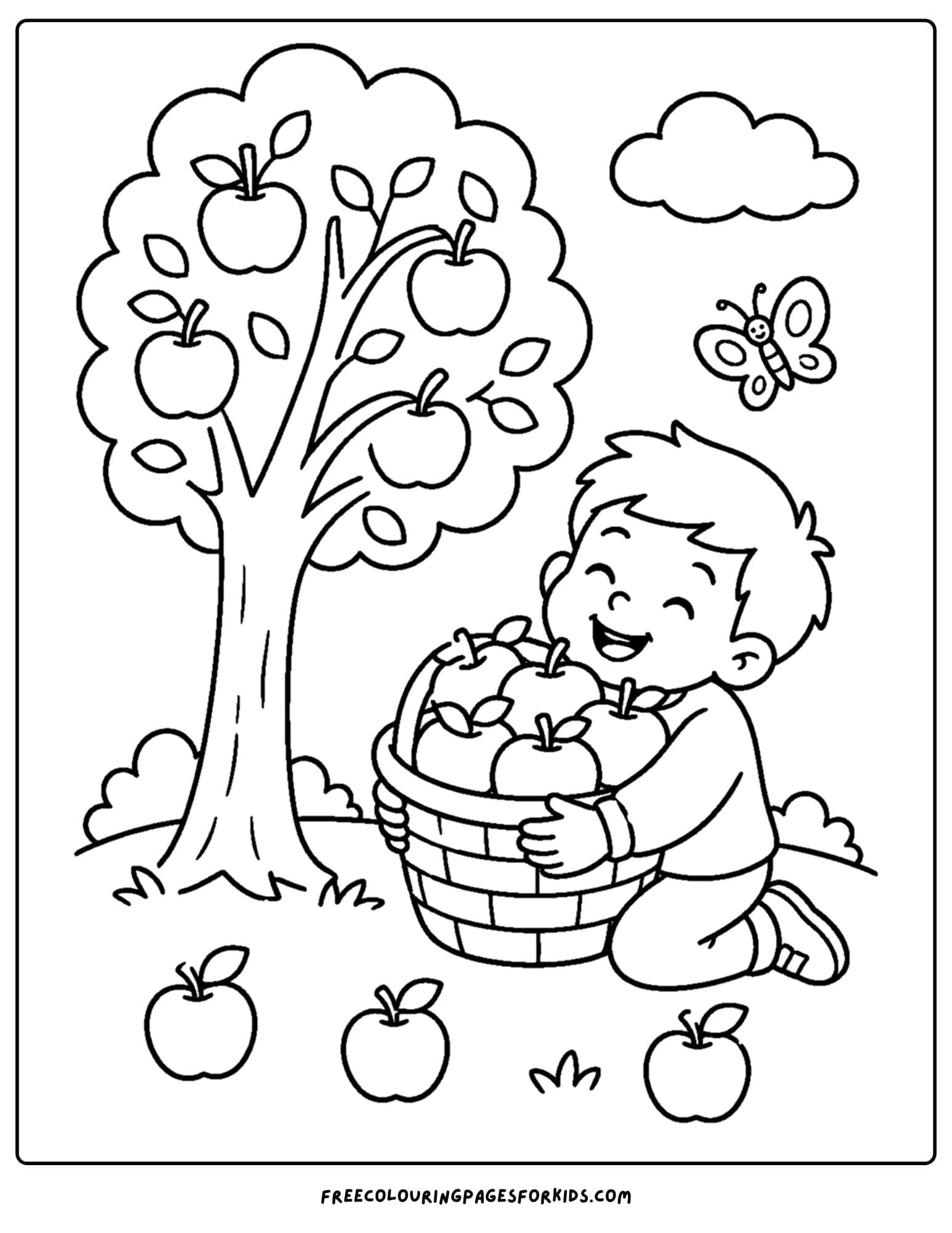 an apple picking coloring page showing a child hugging a basket of apples