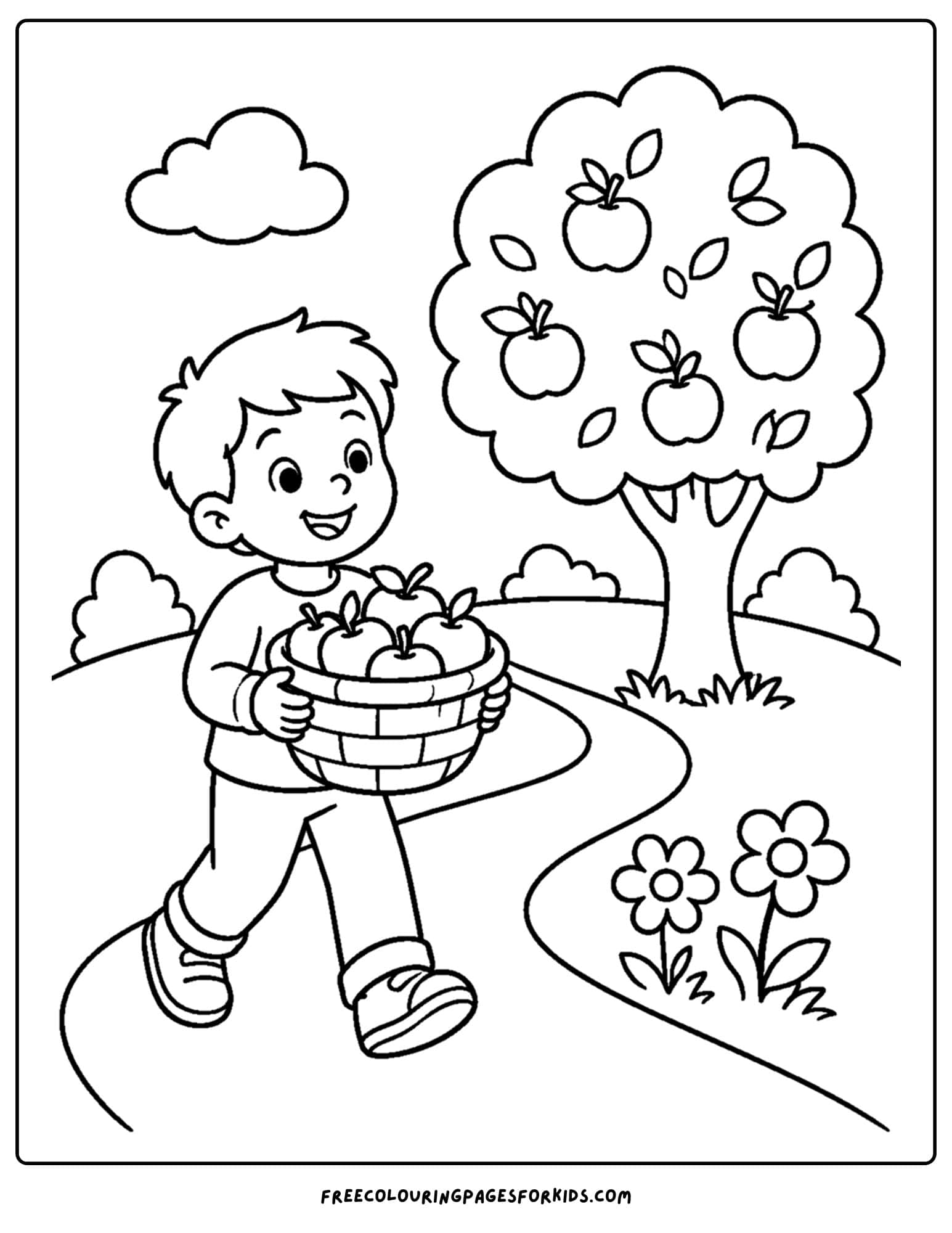an apple picking coloring page showing a child carrying a basket of apples down a path