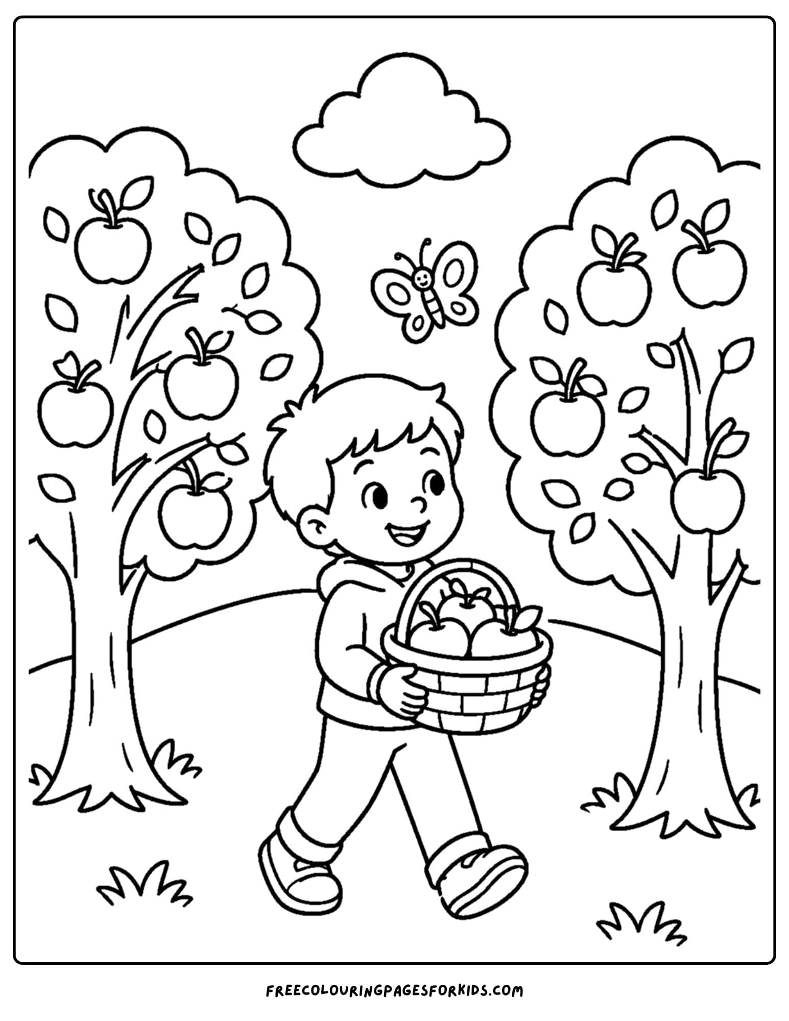 an apple picking coloring page showing a child picking apples in an orchard