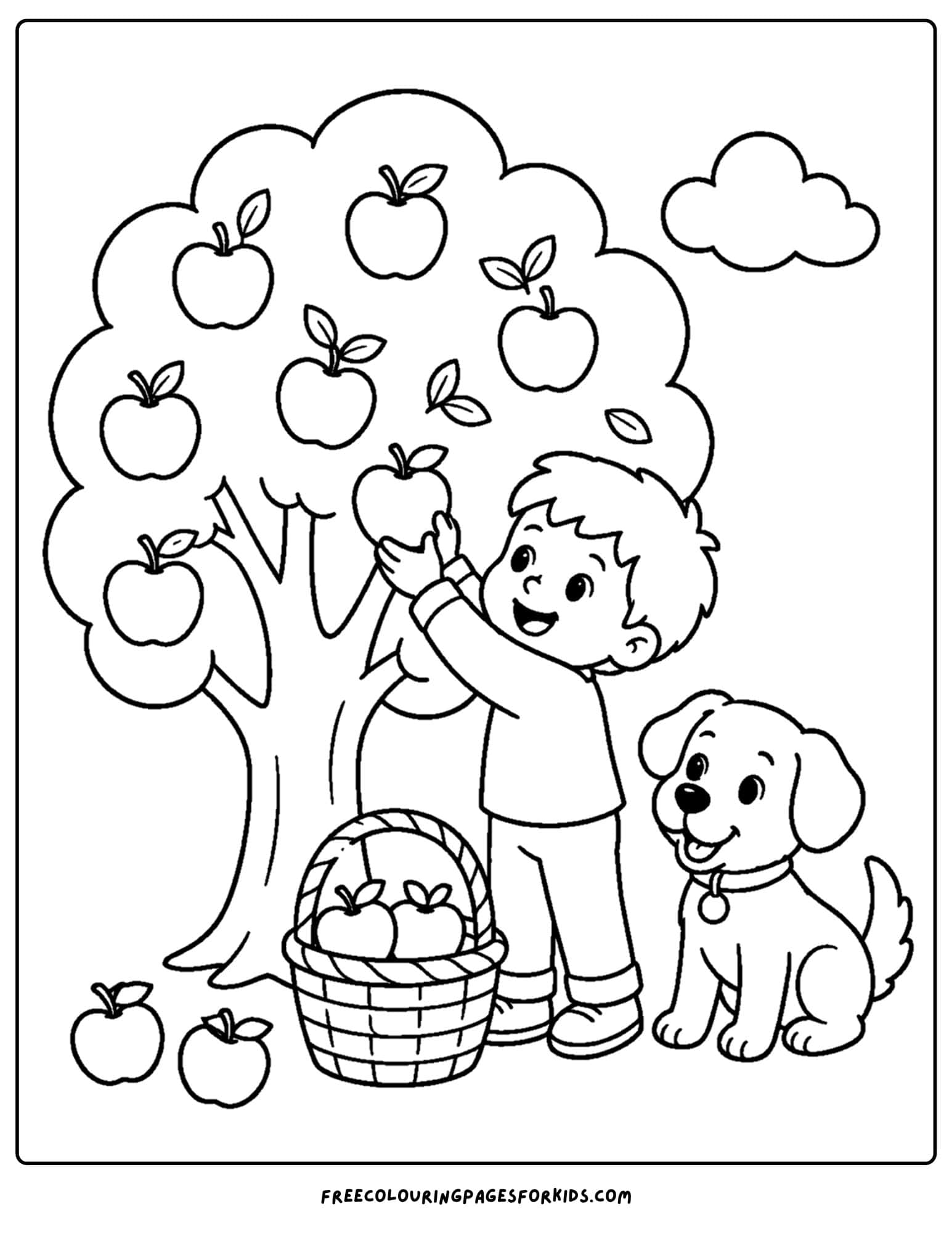 an apple picking coloring page showing a child and a puppy collecting apples from a tree