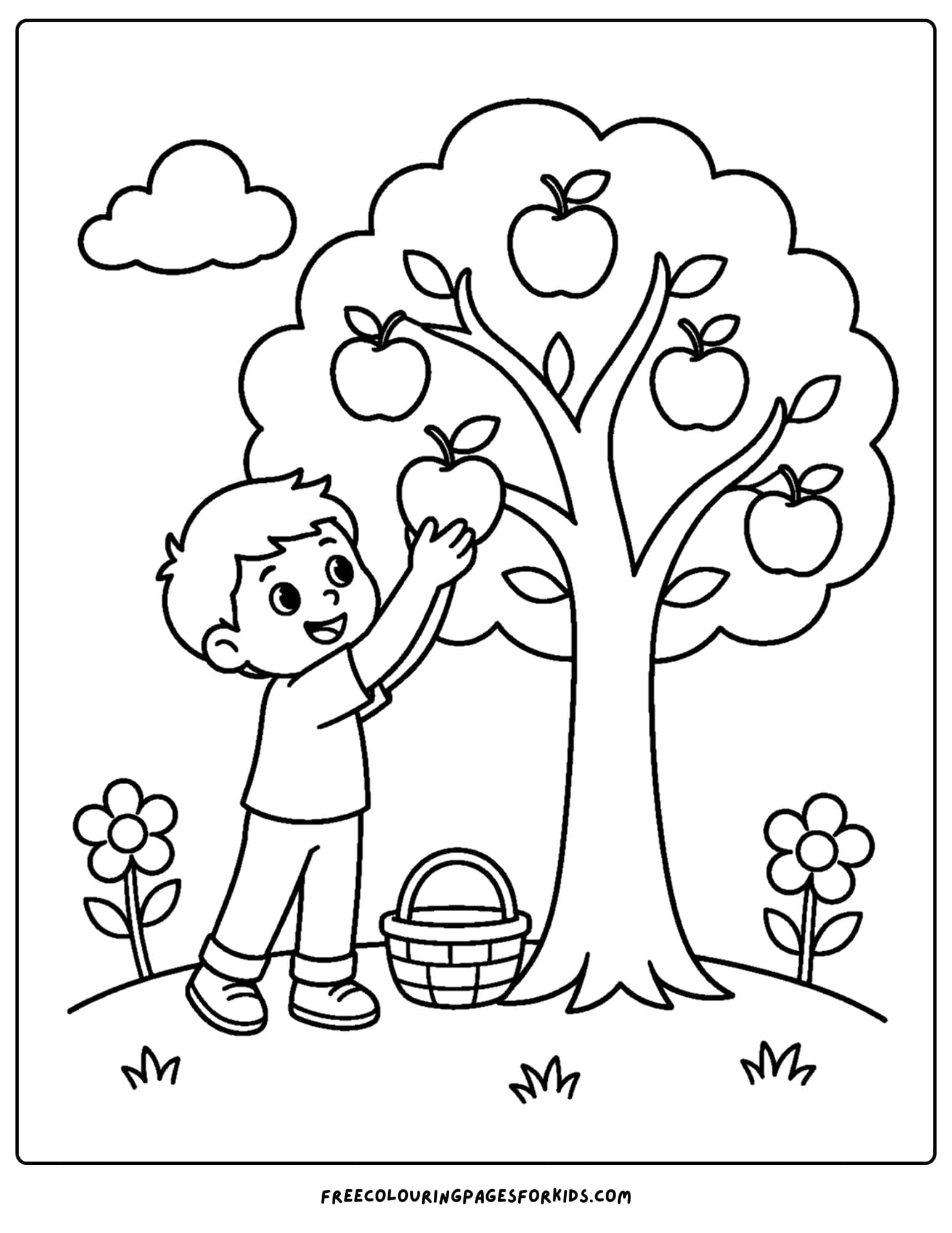 an apple picking coloring page showing a child reaching up to pick apples from an apple tree on a hill