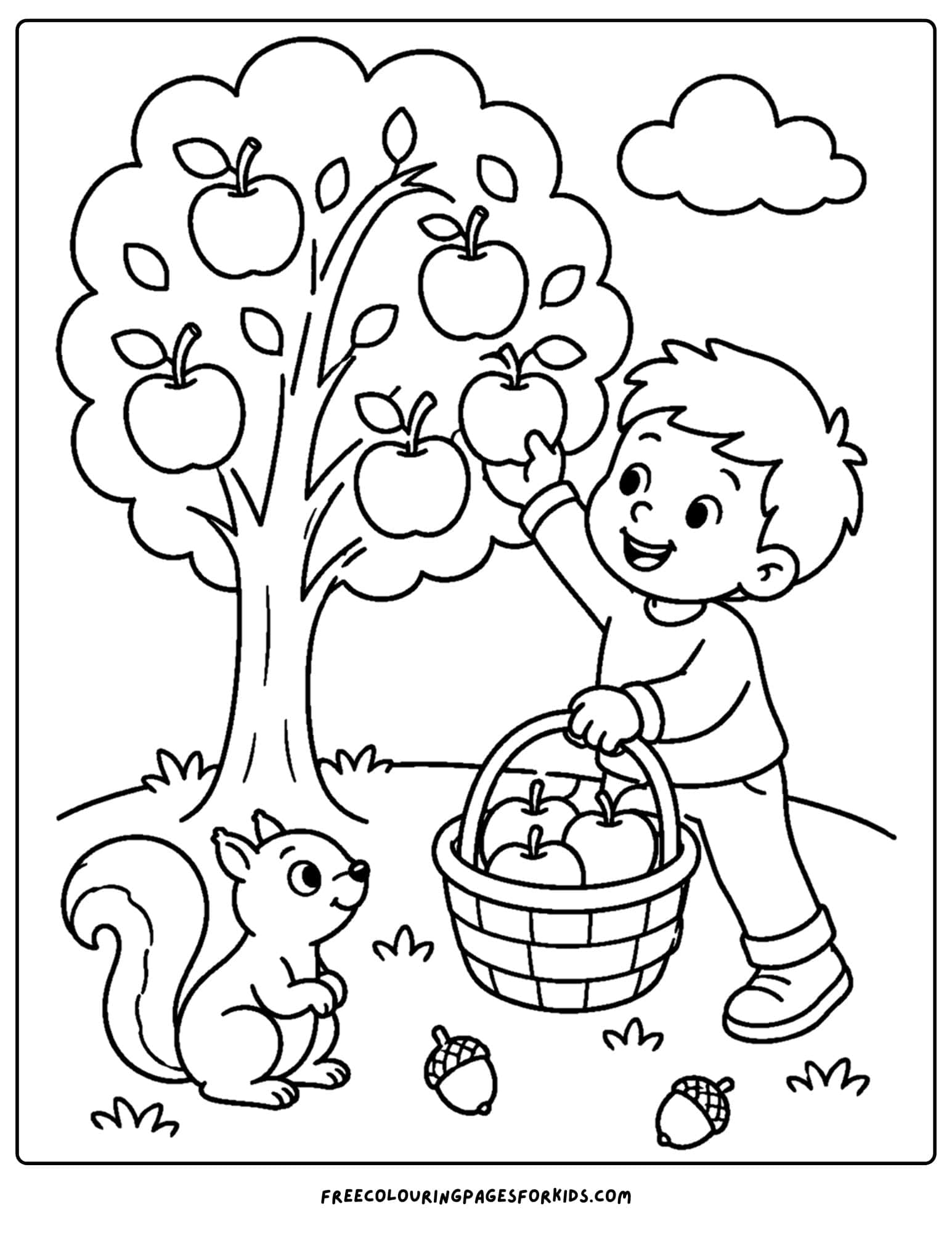 an apple picking coloring page showing a kid picking apples from a tree and putting them in a basket with a squirrel nearby