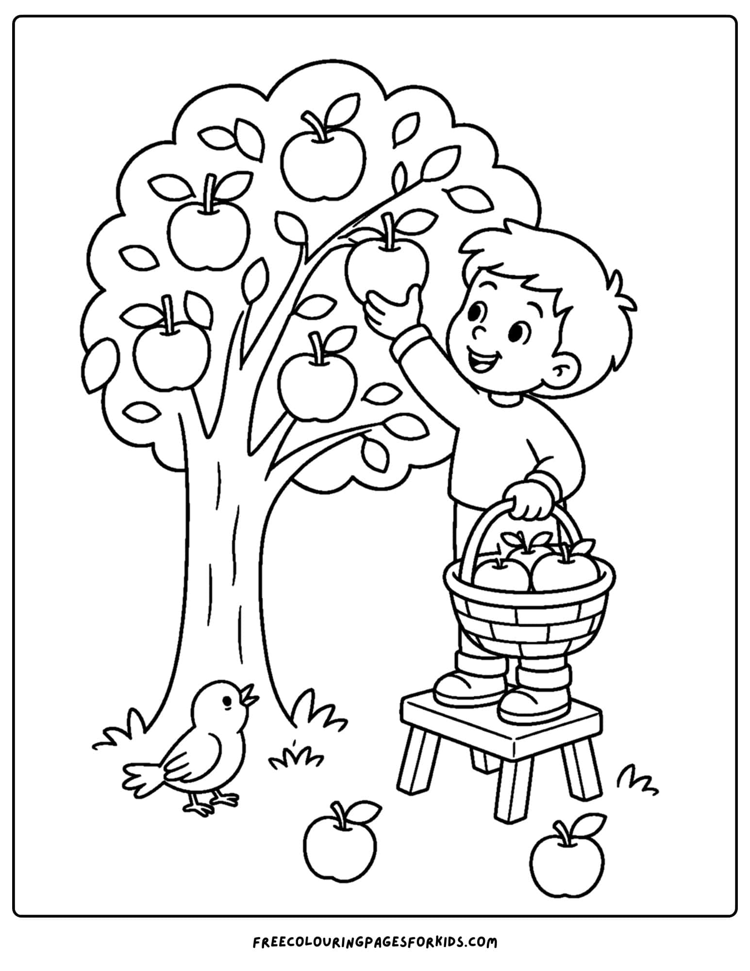 an apple picking coloring page showing a child standing on a stool to reach apples on a tree