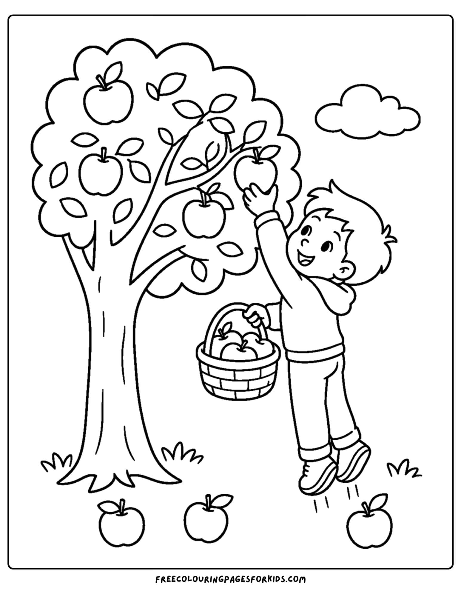 an apple picking coloring page showing a kid standing on their tiptoes to pick an apple from the tree