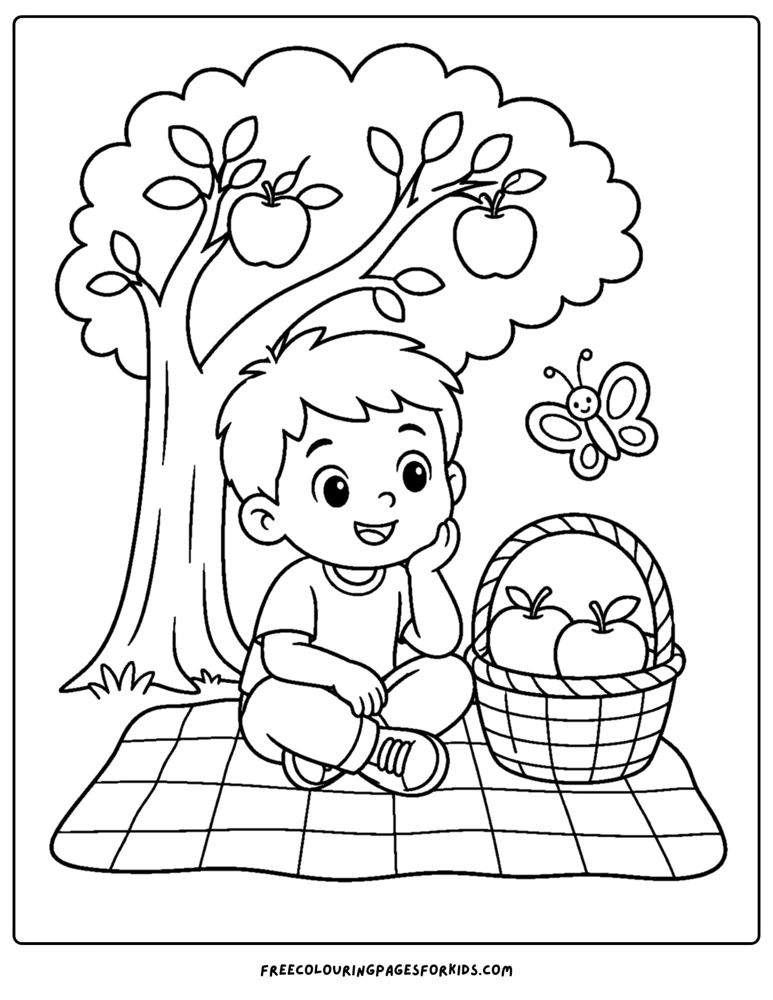 an apple picking coloring page showing a child having a picnic under an apple tree