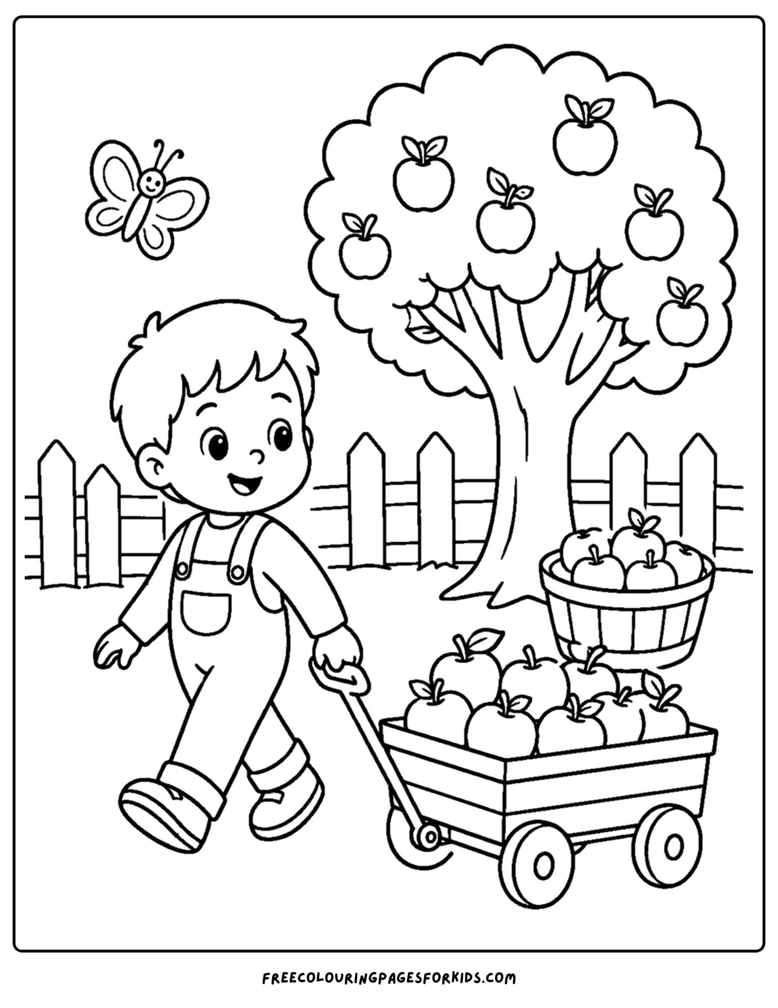 an apple picking coloring page showing a child pulling a wagon full of apples