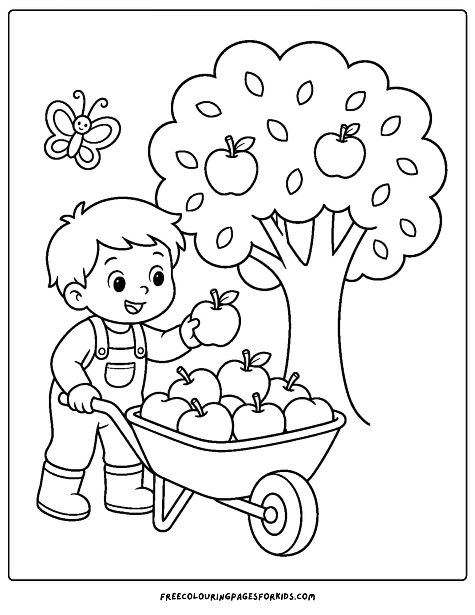 an apple picking coloring page showing a child with a wheelbarrow fill of apples from the tree