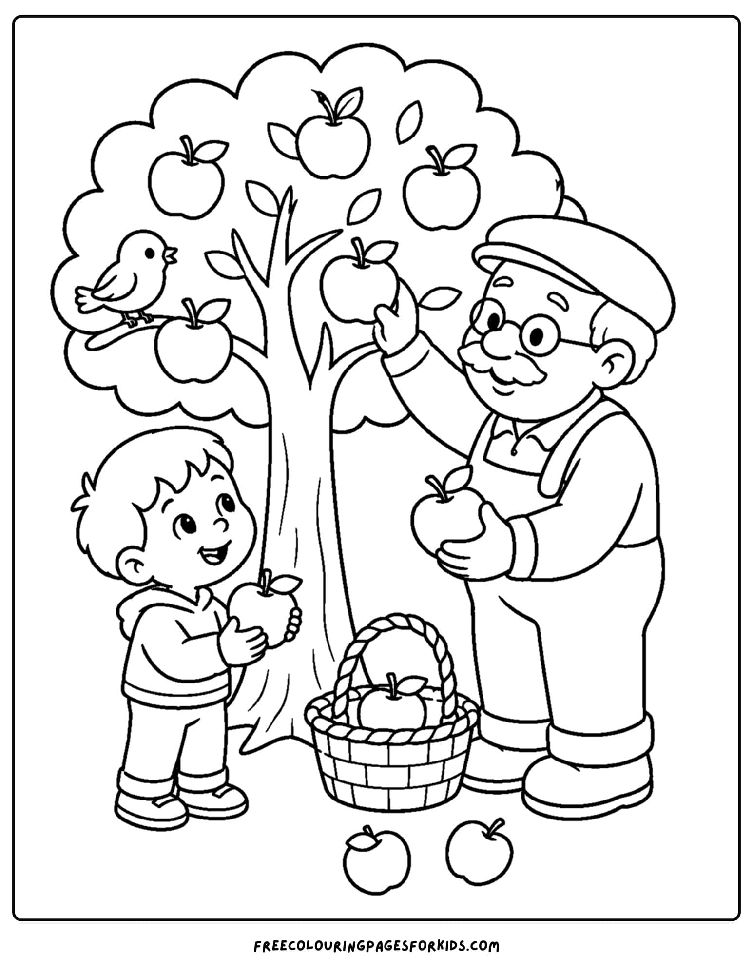 an apple picking coloring page showing a child and a grandparent picking apples from a tree