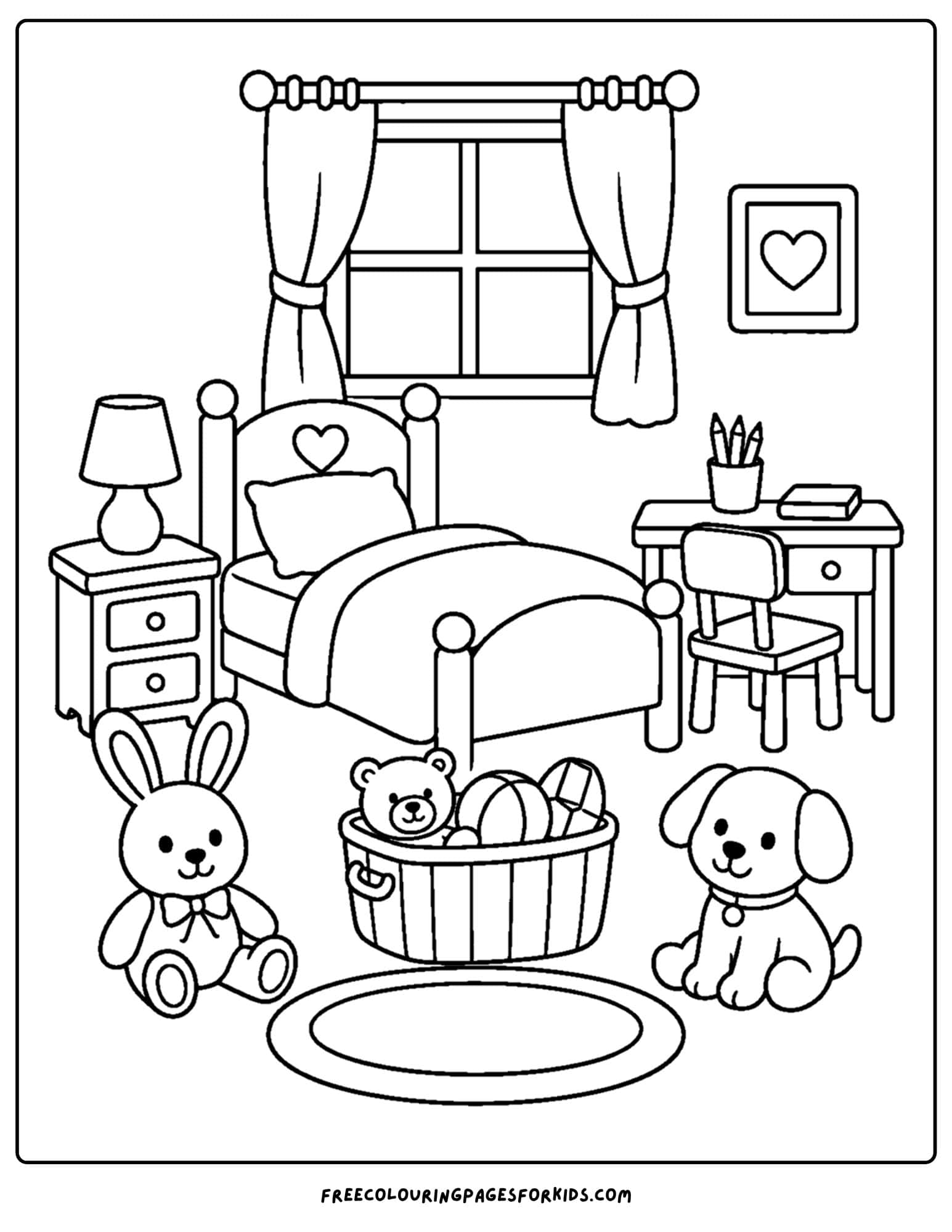 a coloring page of a kids bedroom decorated in a animal theme
