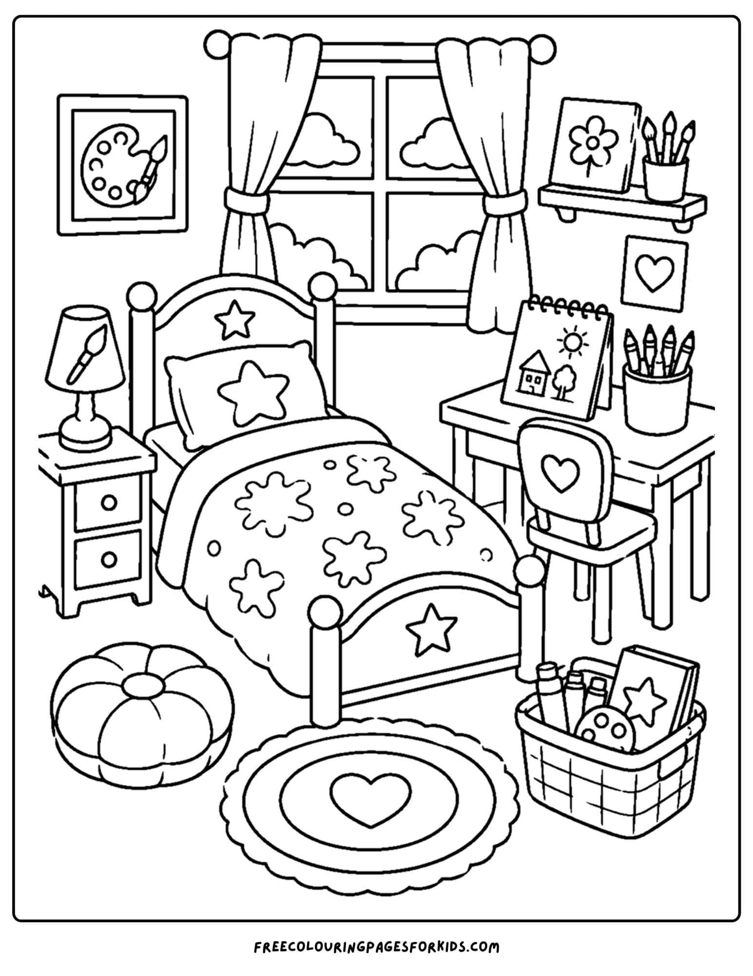 a coloring page of a kids bedroom decorated in a art theme