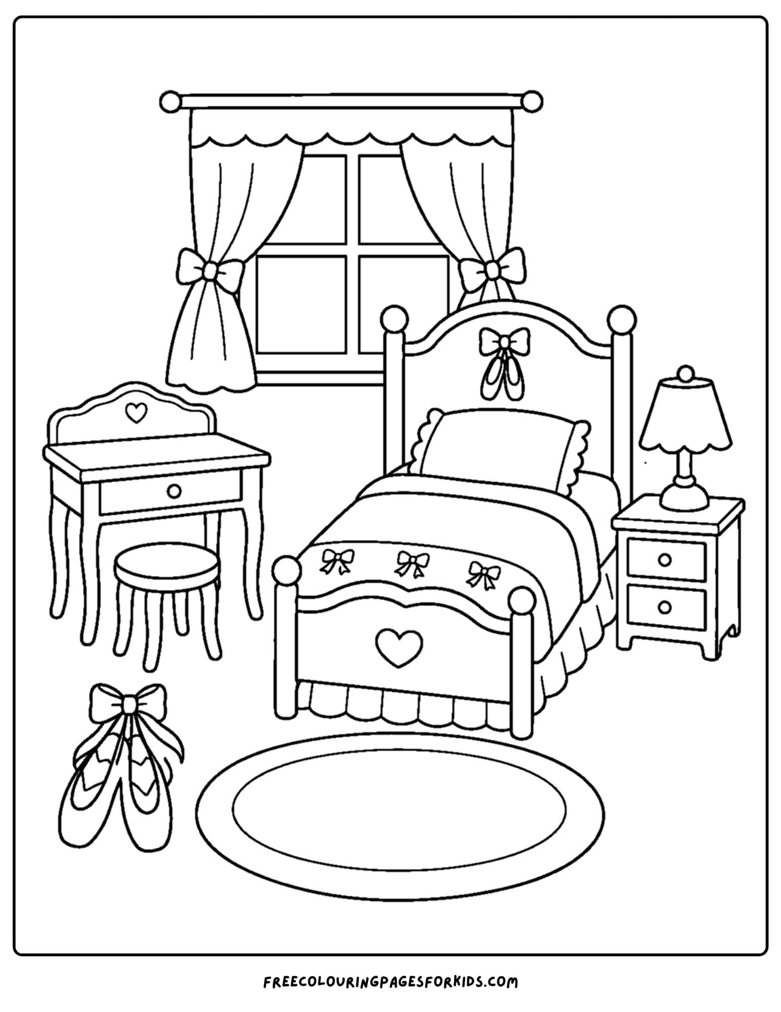 a coloring page of a kids bedroom decorated in a ballet theme
