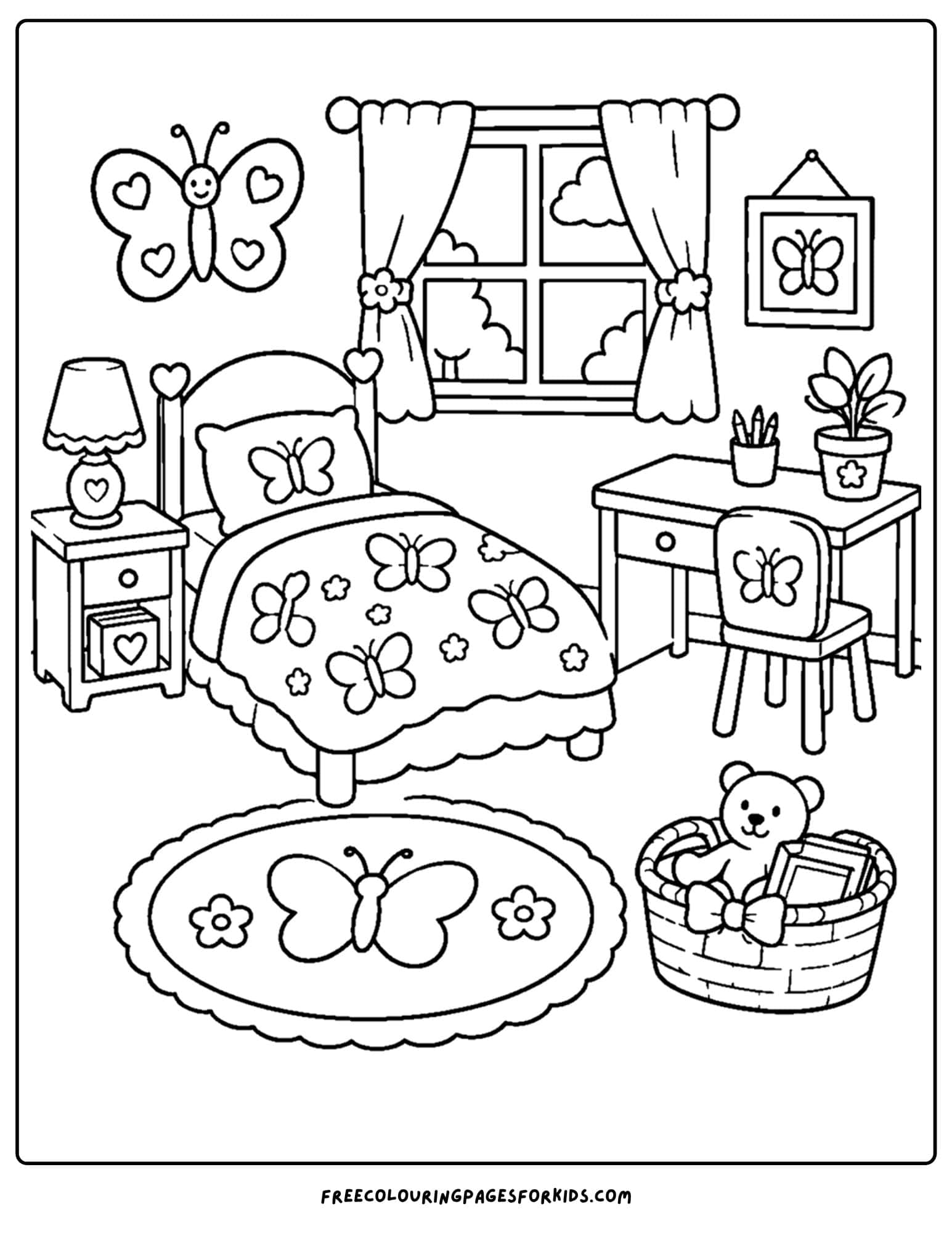 a coloring page of a kids bedroom decorated in a butterfly theme