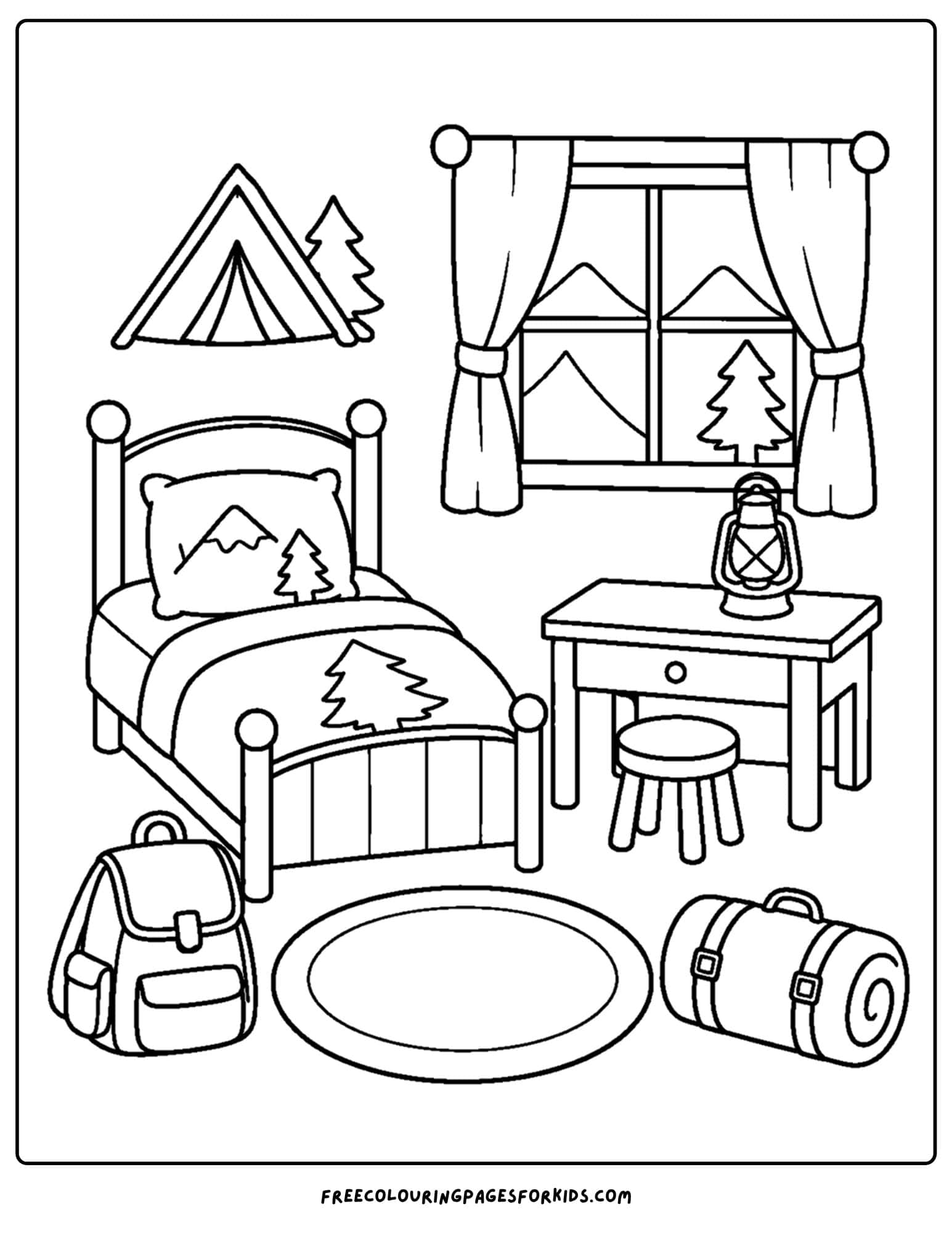 a coloring page of a kids bedroom decorated in a camping theme