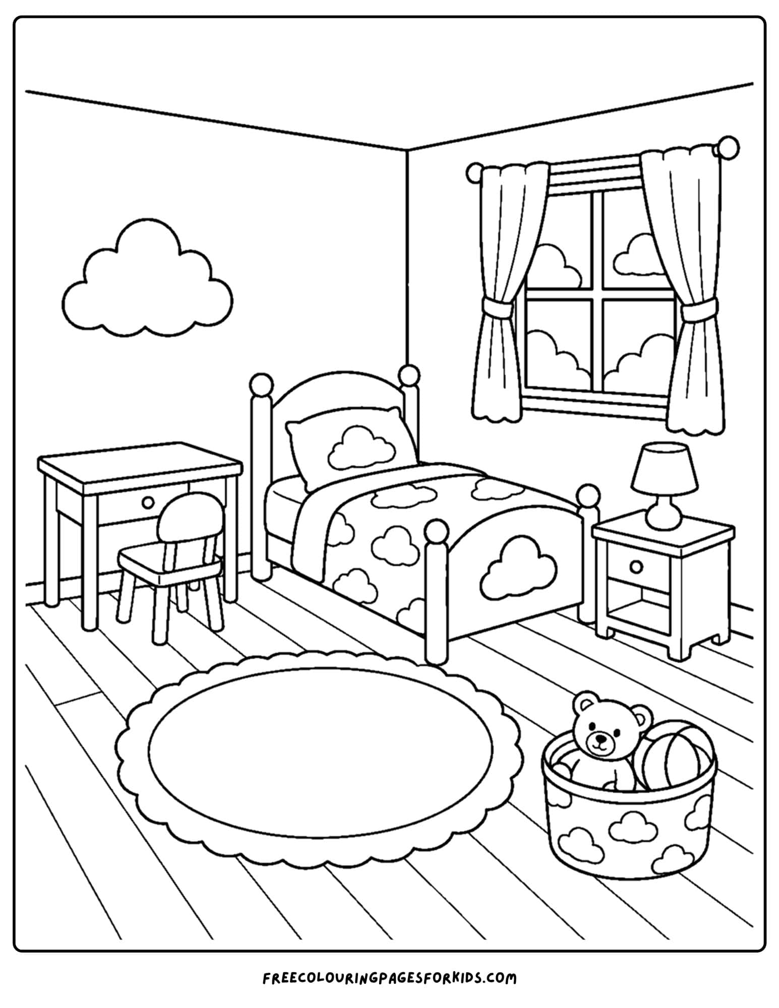 a coloring page of a kids bedroom decorated in a cloud theme